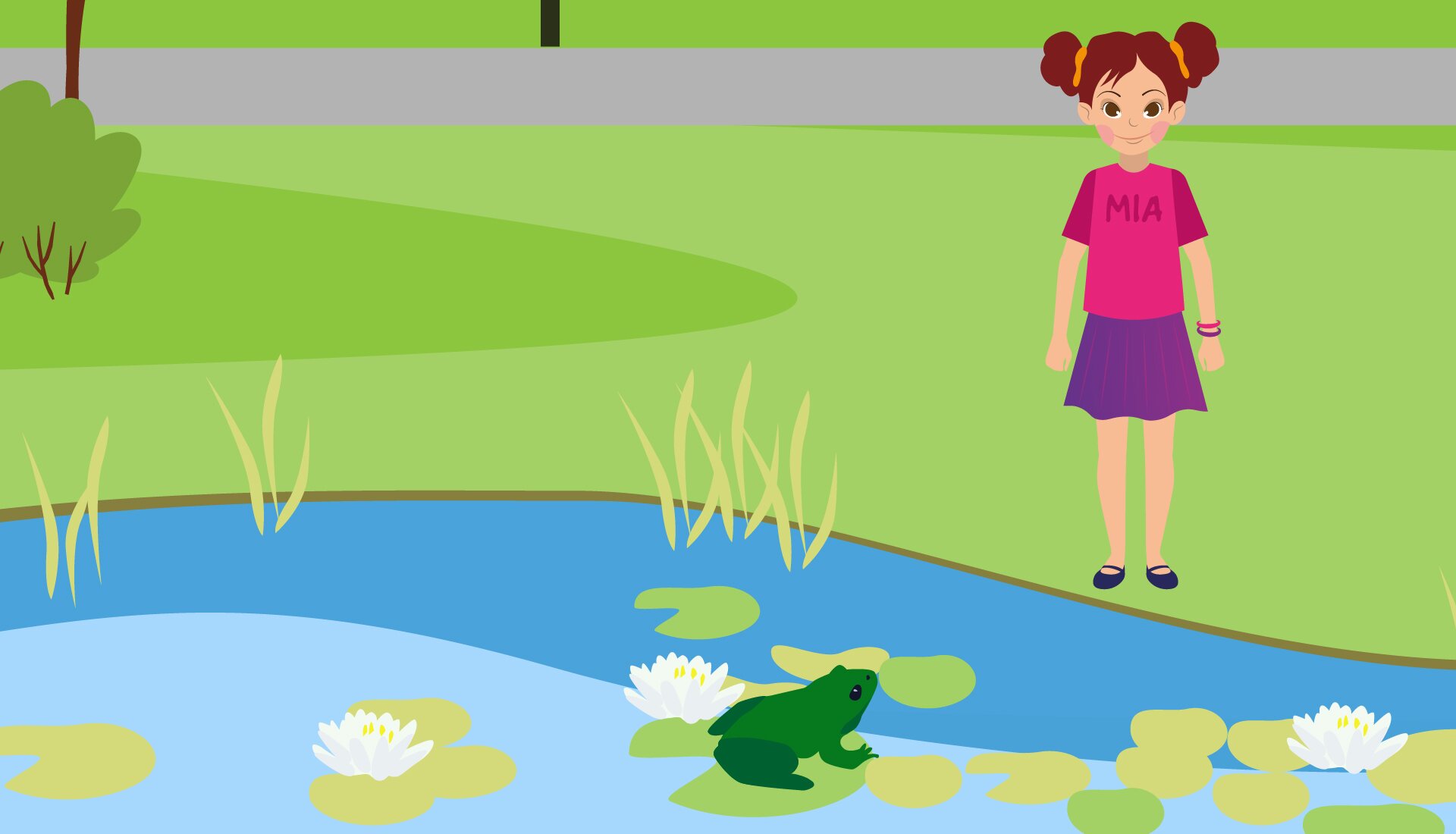 Ilustracja przedstawia dziewczynkę o imieniu  Mia , stojącą nad stawem, w którym na liściu siedzi żaba.