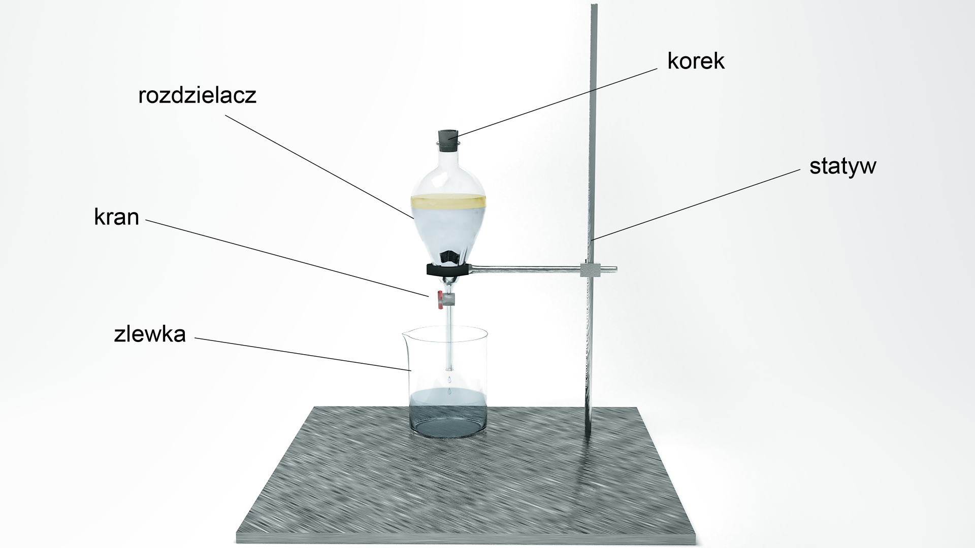 Schemat aparatury do ekstrakcji. Aparatura składa się ze statywu, na którym umieszczono rozdzielacz. Statyw stanowi pionowo usytuowany pręt, przymocowany do blatu. Na nim za pomocą łącznika zamontowana jest łapa. W łapie zakończonej uchwytem umieszczony jest rozdzielacz. Ma on gruszkowaty kształt i zwęża się ku dołowi. Rozdzielacz u góry zatkany jest korkiem. W dolnej części rozdzielacza jest kran. Z niego poprowadzona jest nóżka, czyli rurka sięgająca do wnętrza zlewki. We wnętrzu zlewki znajduje się przeźroczysta ciecz. Natomiast w rozdzielaczu dwie rozdzielone fazy. W górnej części żółta, a w dolnej przeźroczysta.