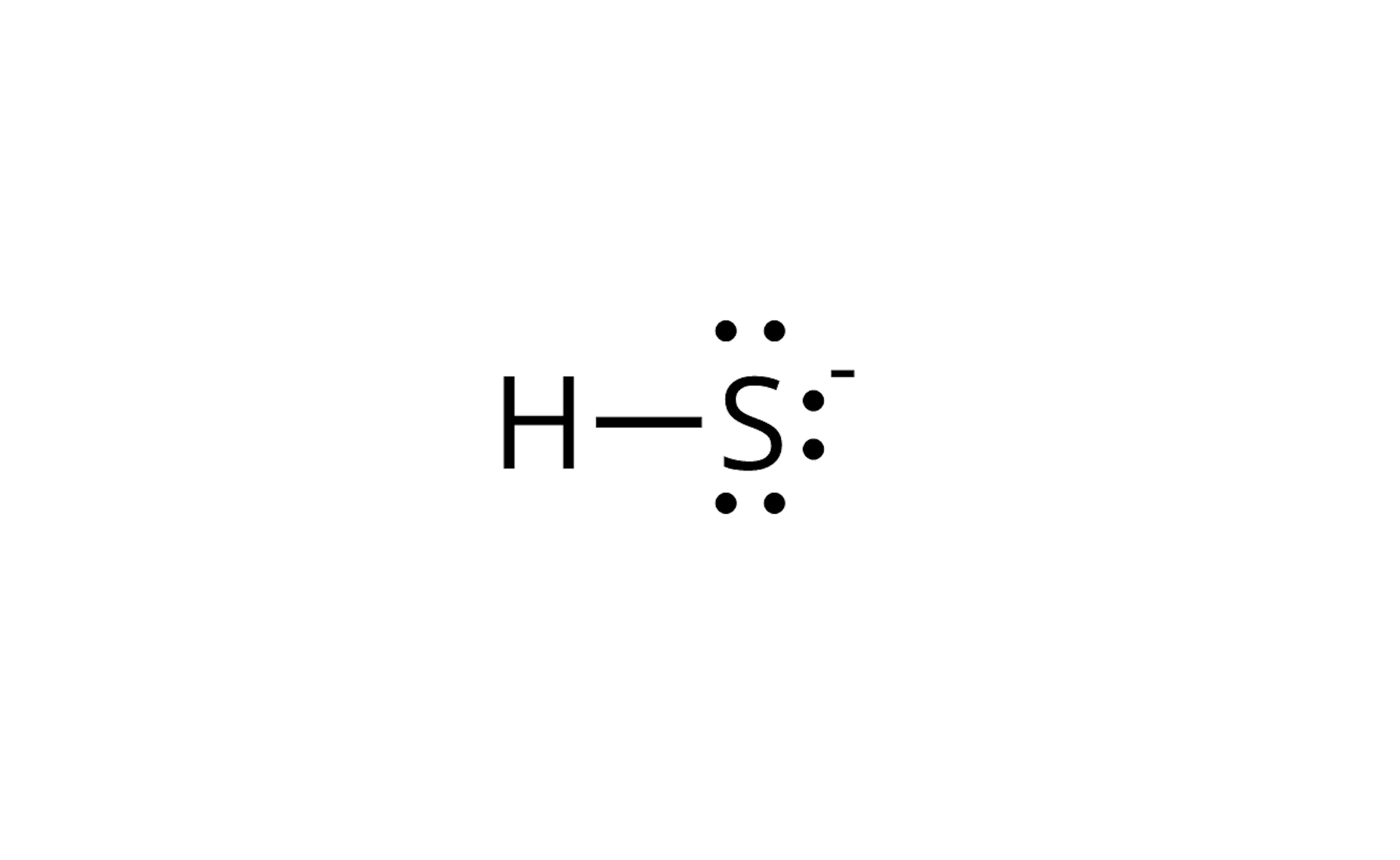 Ilustracja przedstawiająca strukturę anionu hydrosulfidowego SH-, który to zbudowany jest z atomu wodoru H połączonego z atomem siarki S, który to posiada trzy wolne pary elektronowe zaznaczone  w postaci trzech par kropek, a tym samym z zaznaczonym jako minus ładunkiem ujemnym w indeksie górnym względem atomu siarki S.