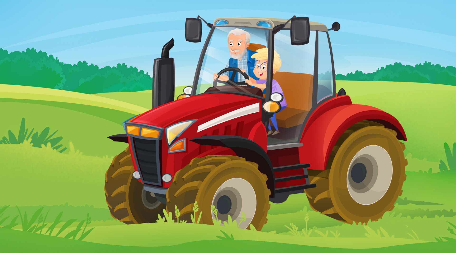 Ilustracja przedstawia Tima i dziadka jadących traktorem po polu. 