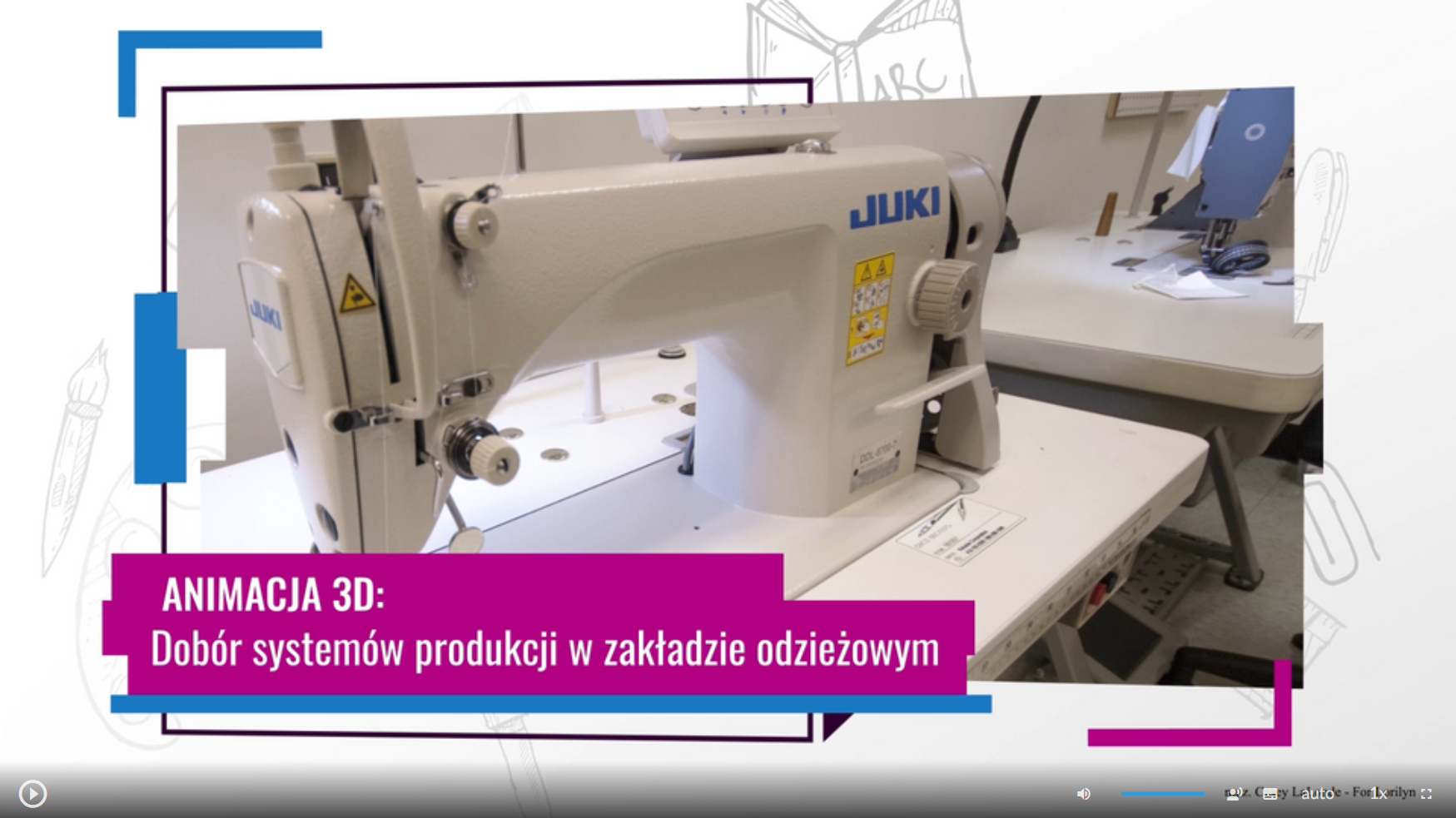 Grafika przedstawia ekran odtwarzacza animacji 3D. W dole ekranu tytuł: "Animacja 3D: Dobór systemów produkcji w zakładzie odzieżowym". W tle widoczna maszyna do szycia stojąca na stole w zakładzie odzieżowym. Po bokach ekranu grafiki ozdobne. W dolnej części znajdują się ikony nawigacyjne. W lewym dolnym rogu jest ikona trójkąta w kole, która służy do włączenia/wyłączenia filmu. Pośrodku dolnej części znajduje się ikona głośnika, a obok niego jest niebieska linia regulacji poziomu głośności. Obok jest ikona przedstawiająca fragment sylwetki człowieka (głowa i górna część tułowia), która służy do włączenia audiodeskrypcji. Po prawej stronie głowy znajdują się dwa białe półkola - zewnętrzne większe, wewnętrzne mniejsze. Obok znajduje się biały prostokąt z czarnymi, małymi polami w dolnej części, który służy do włączenia napisów. Obok napis "auto", który służy do zmiany jakości odtwarzania filmu. Dalej na prawo napis: "jeden x". Służy on do zmiany tempa odtwarzania filmu. W prawym dolnym rogu białe, przerywane kontury kwadratu. Ikona ta służy do włączenia trybu pełnoekranowego. 