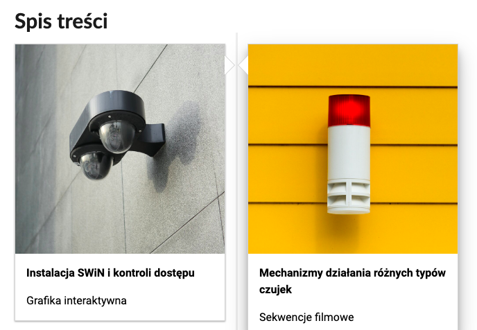 Przykładowy wygląd spisu treści. Dwa prostokątne kafelki obok siebie .