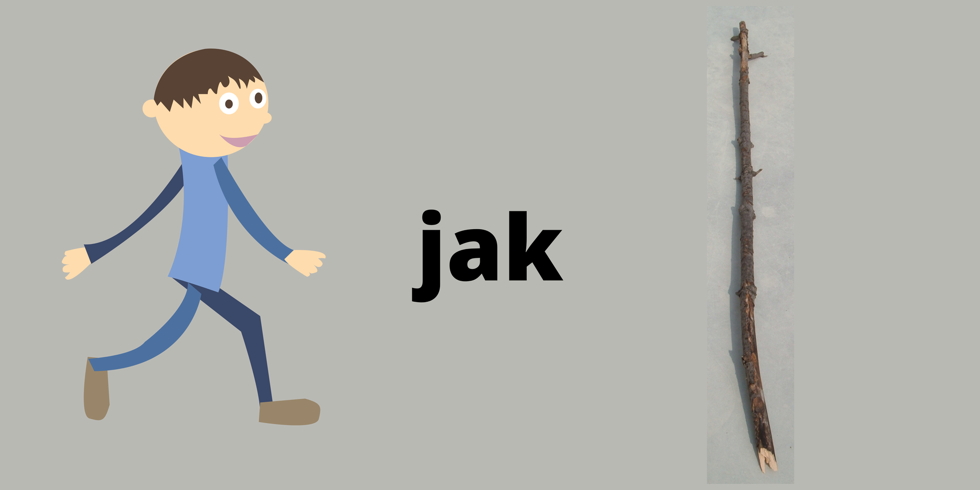 Grafika przedstawia chudego chłopca i patyk. Pośrodku znajduje się słowo "jak".