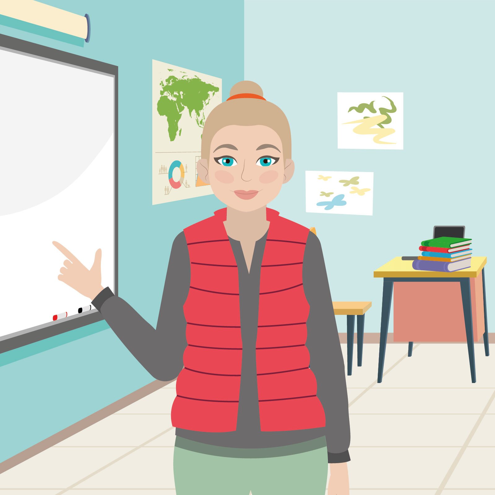 Ilustracja przedstawia panią Crow, wskazującą palcem na białą tablicę szkolną. Nad tablicą widać część zwiniętej rolety ekranu do projektora. Obok wisi mapa i inne plakaty. Przy ścianie, stoi biurko nauczyciela z laptopem i stertą książek.