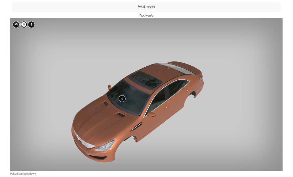 Ilustracja przedstawia screen wizualizacji modeli 3D. W górnej części przycisk: Pokaż modele. Widoczna karoseria nadwozia typu sedan. 
