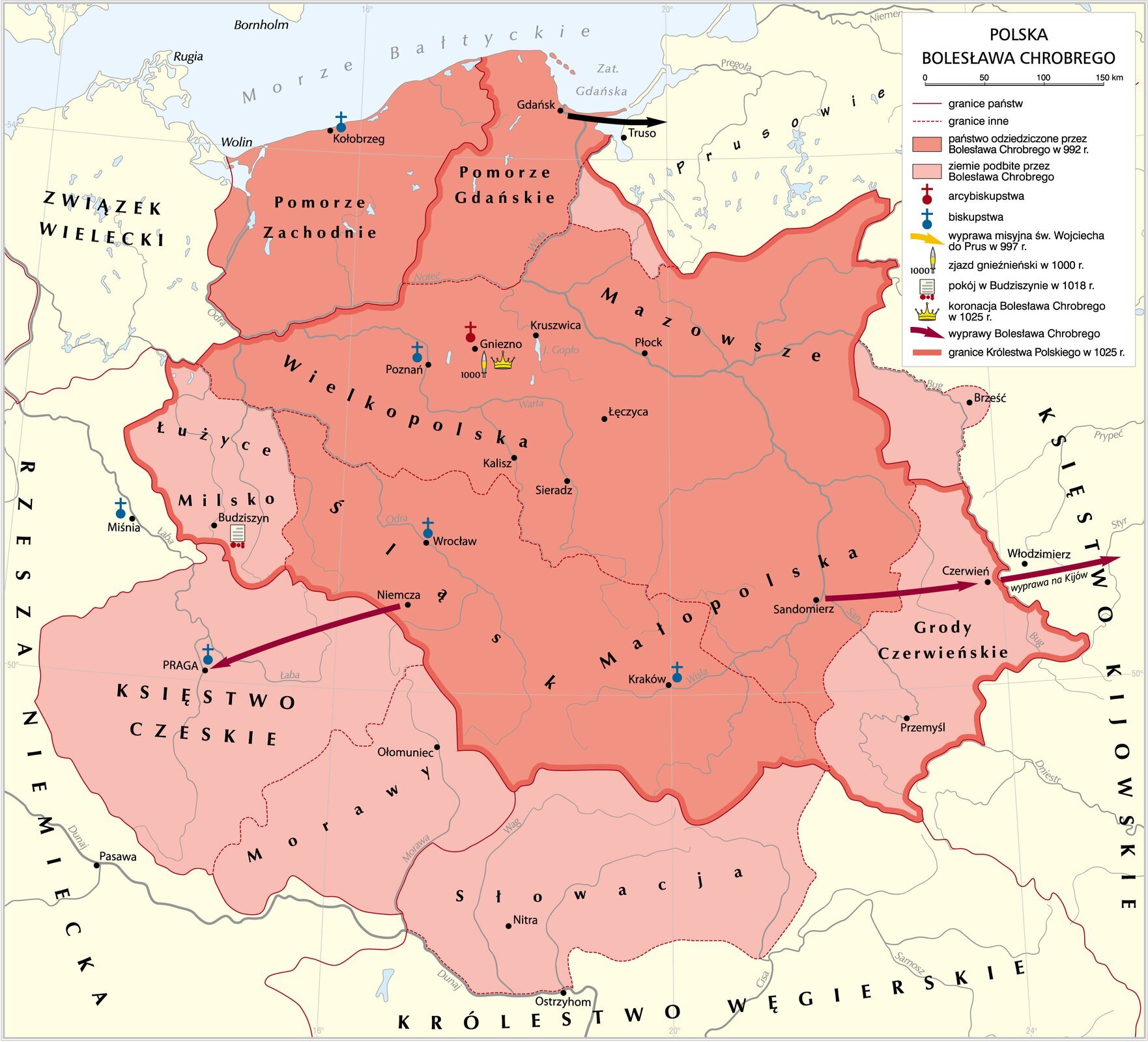 Ilustracja przedstawia mapę państwa polskiego za panowania Bolesława Chrobrego. Wskazano sąsiadów Polski: od zachodu Związek Wielecki i Rzeszę Niemiecką, od południa Królestwo Węgierskie, od wschodu Księstwo Kijowskie i od północy ziemie Prusów. Ukazano terytoria dziedziczne: Pomorze Zachodnie i Pomorze Gdańskie, Wielkopolskę, Mazowsze, Śląsk i Małopolskę oraz ziemie przyłączone w czasie panowania Bolesława Chrobrego: Łużyce i Milsko na zachodzie, Księstwo Czeskie, Morawy i Słowację na południu, Grody Czerwieńskie i ziemie nadburzańskie z Brześciem na wschodzie. Na mapie zaznaczono miejsce zjazdu gnieźnieńskiego w 1000 roku, pokoju w Budziszynie w 1018 roku oraz koronacji Bolesława Chrobrego w 1025 roku. Oznaczono arcybiskupstwo gnieźnieńskie oraz biskupstwa polskie w Krakowie, Wrocławiu, Poznaniu i Kołobrzegu. Poza granicami Polski wskazano na biskupstwo w Pradze i Miśni. Narysowano trasę misji chrystianizacyjnej św. Wojciecha w 997 roku z Gdańska na Truso w kraju Prusów oraz wypraw z Niemczy na Pragę oraz na Kijów od Sandomierza przez Czerwień. Wskazano obszary kraju, które w momencie śmierci Bolesława Chrobrego były poza granicami jego państwa: pomorze Zachodnie, Księstwo Czech, Morawy, Słowacja i okręg nadbużański z Brześciem.  Oznaczone jest Gniezno jako miejsce koronacji.