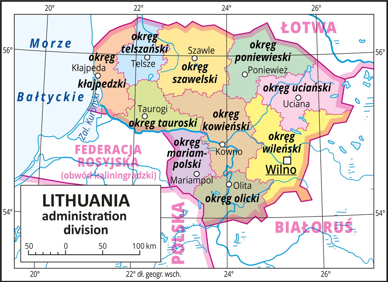Ilustracja przedstawia mapę polityczną Litwy z podziałem na jednostki administracyjne, Lithuania administration division wraz z ich dużymi miastami. Oznaczono okręg telszański, miasto Telsze, okręg szawelski, miasto Szawle, okręg poniewieski, miasto Poniewież, okręg uciański, miasto Uciana, okręg olicki, miasto Olita, okręg mariampolski, miasto Mariampol, okręg tauroski, miasto Taurogi, okręg kłajpedzki, miasto Kłajpeda, okręg kowieński, miasto Kowno, okręg wileński, miasto, stolica, Wilno. Litwa graniczy od zachodu z Morzem Bałtyckim i Federacją Rosyjską - obwodem kaliningradzkim. Od południa z Polską. Od wschodu z Białorusią i od północy z Łotwą.