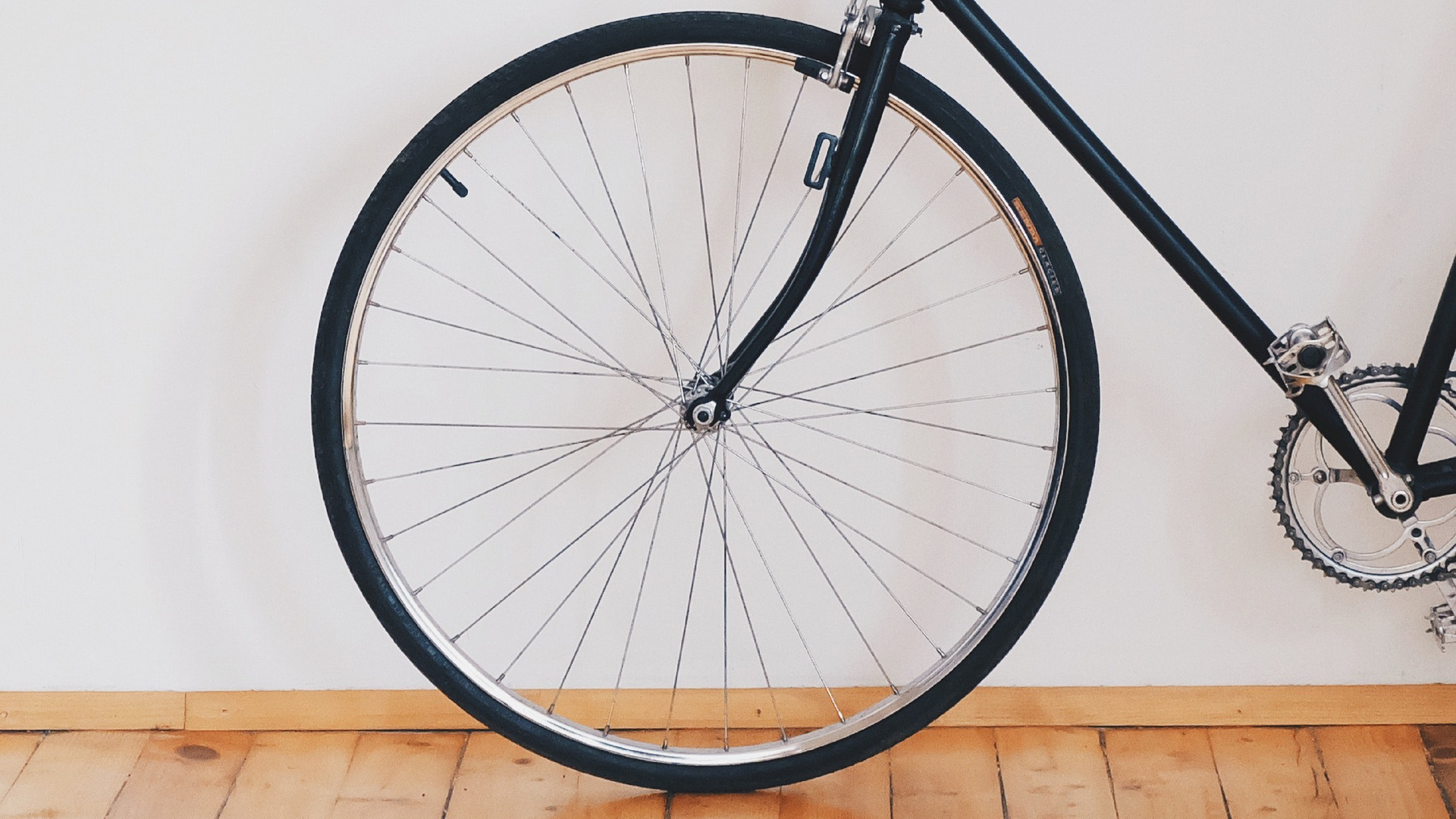 Zdjęcie przedstawia zbliżenie na przednie koło roweru.