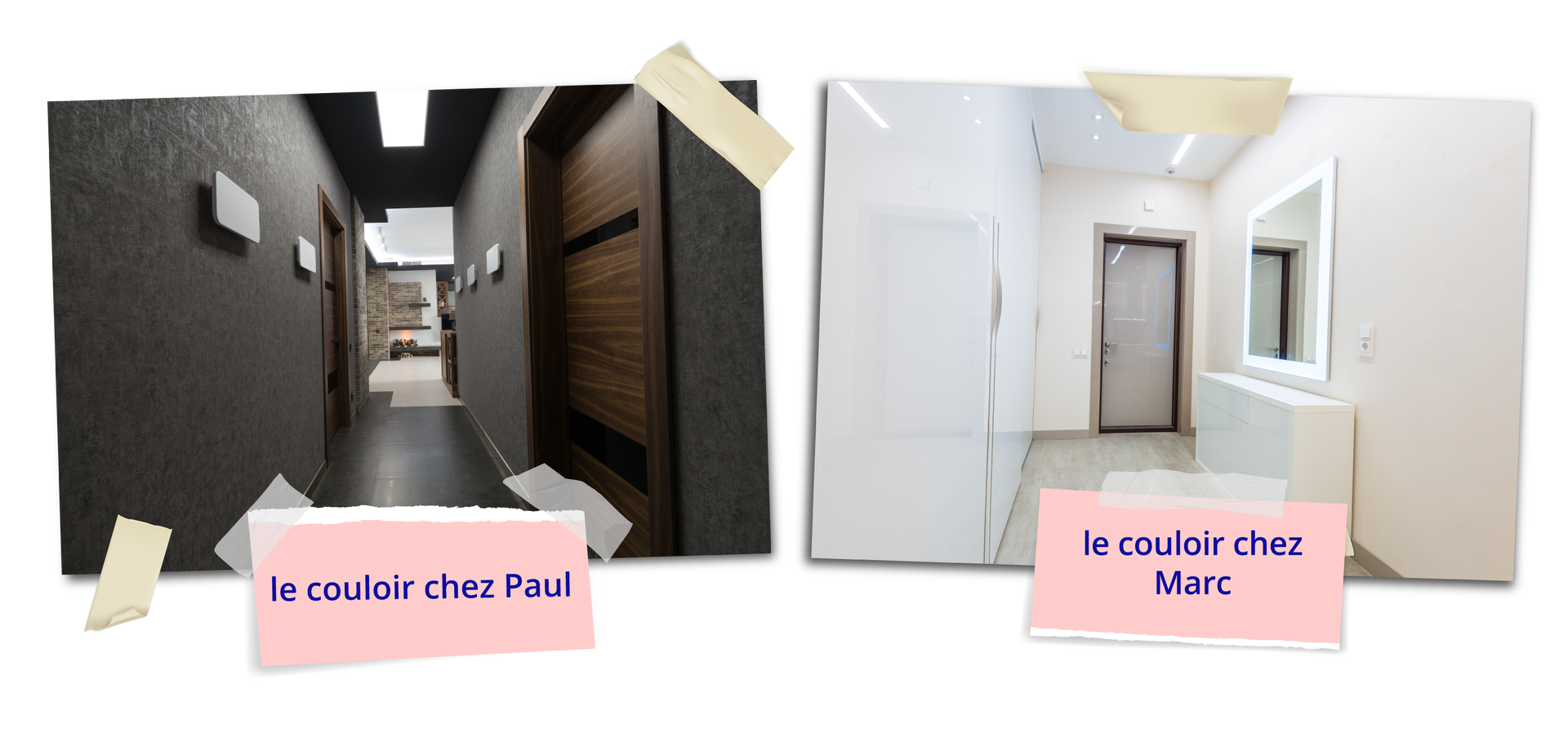 Zdjęcie przedstawia dwa korytarze: po lewej długi, ciemnoszary korytarz z szarą podłogą i ciemnobrązowymi drzwiami. W tle pokój. Fotografia podpisana jest le couloir chez Paul . Po prawej stronie widać biały korytarz z białymi drzwiami na końcu. Po prawej stronie niska, biała szafka i podświetlone lustro. Pod fotografią znajduje się napis: le couloir chez Marc .