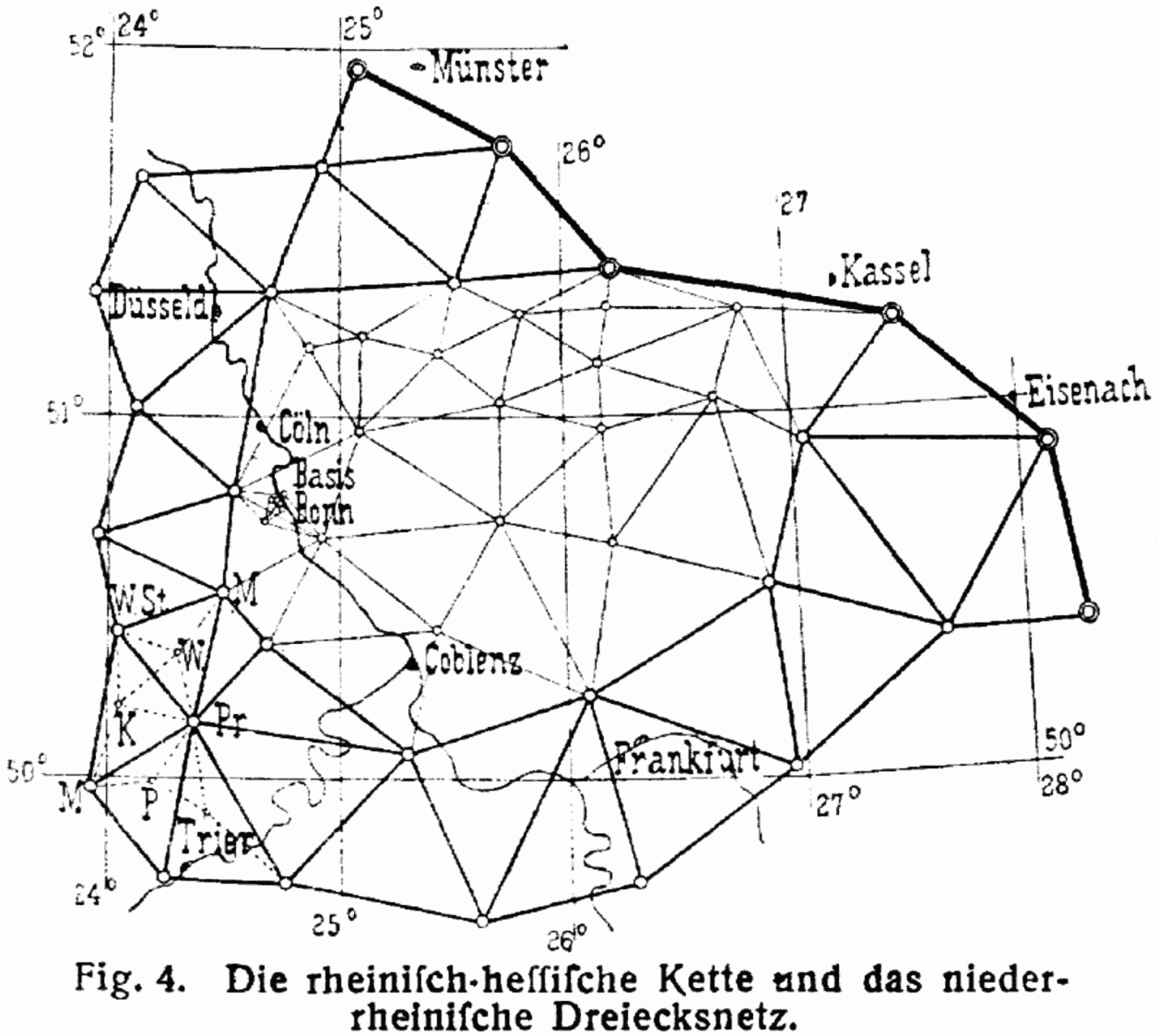 Ilustracja przedstawia mapę na której znajdują się między innymi takie miejscowości jak Kassel, Eisenach czy Frankfurt. Miejscowości te oraz wiele mniejszych miejscowości, które zaznaczono punktami są połączone liniami. Wszystkie linie wraz z punktami tworzą sieć, oczka sieci mają kształt trójkątów.