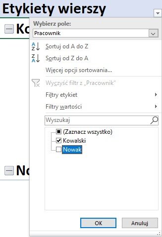 Ilustracja przedstawia fragment arkusza kalkulacyjnego, a na nim otwarte okno dialogowe Wybierz pole z wpisaną opcją Pracownik. W polu listy znajduje się zaznaczenie opcji Kowalski (opcja Nowak nie jest zaznaczona).