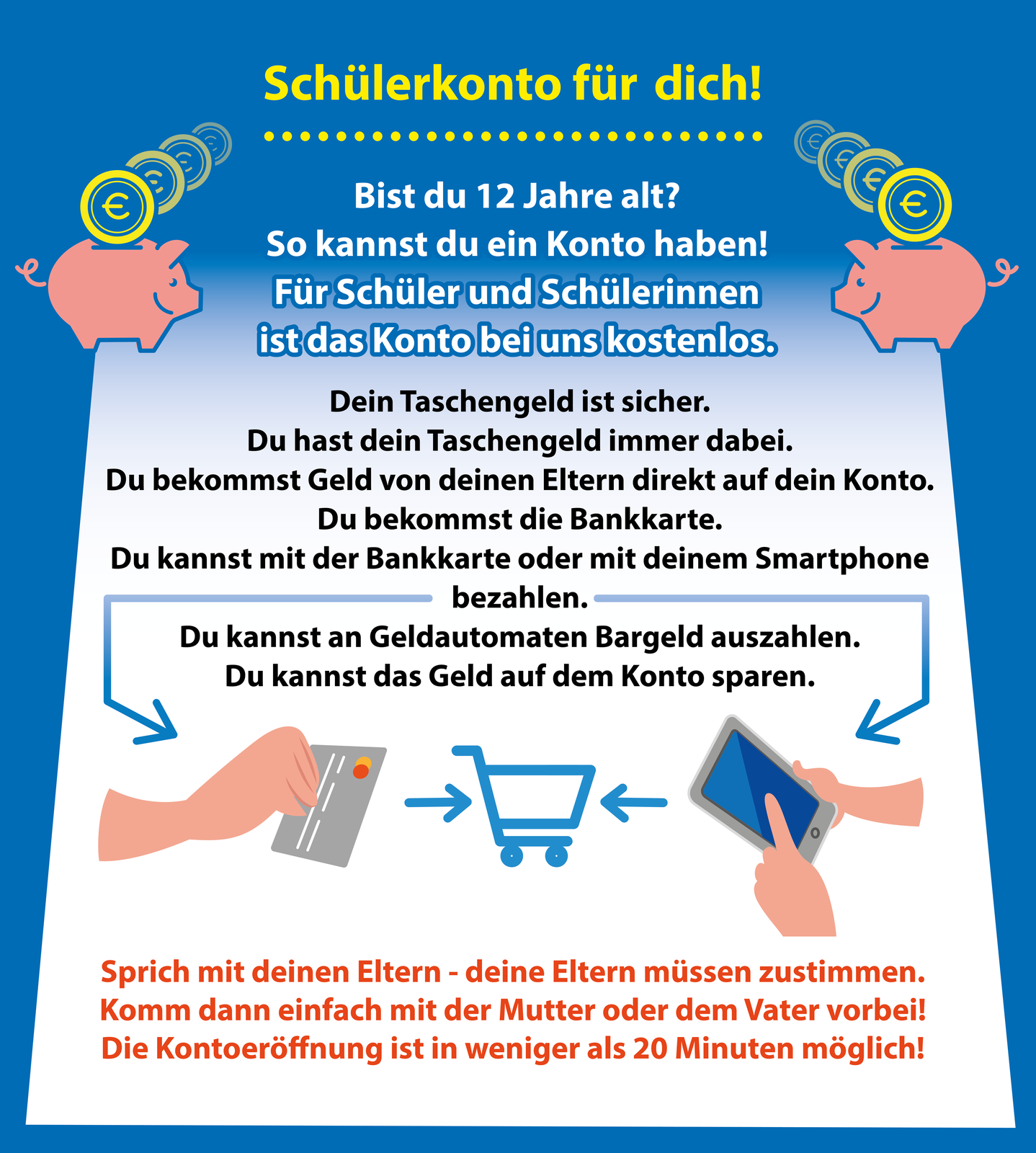 Widoczna jest ilustracja. Przedstawia ulotkę reklamową dotyczącą założenia konta bankowego. Transkrypcja ulotki dostępna jest poniżej.