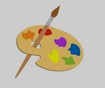 Ilustracja przedstawia owalną paletę malarską z pędzlem w otworze. Na palecie wyciśnięte są farby w regularnych odstępach blisko krawędzi. Pędzel ma włosie skierowane w górę.