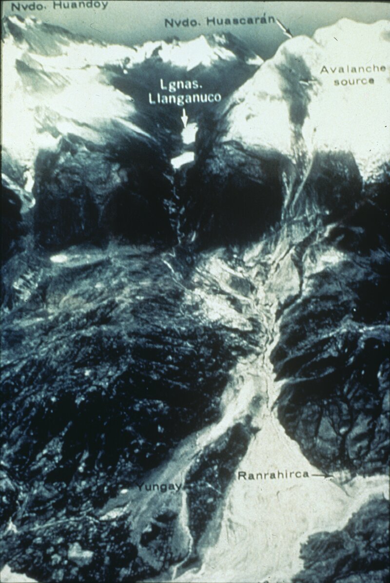 Ilustracja przedstawia mapę, na której zaznaczono miejsce zejścia lawiny ze szczytu. U podnóża góry zaznaczono trójkątny biały obszar. Po jego prawej stronie zaznaczono lokalizację wioski Ranrahirca. Jest położona u podnóża skalnej ściany górskiego zbocza.     