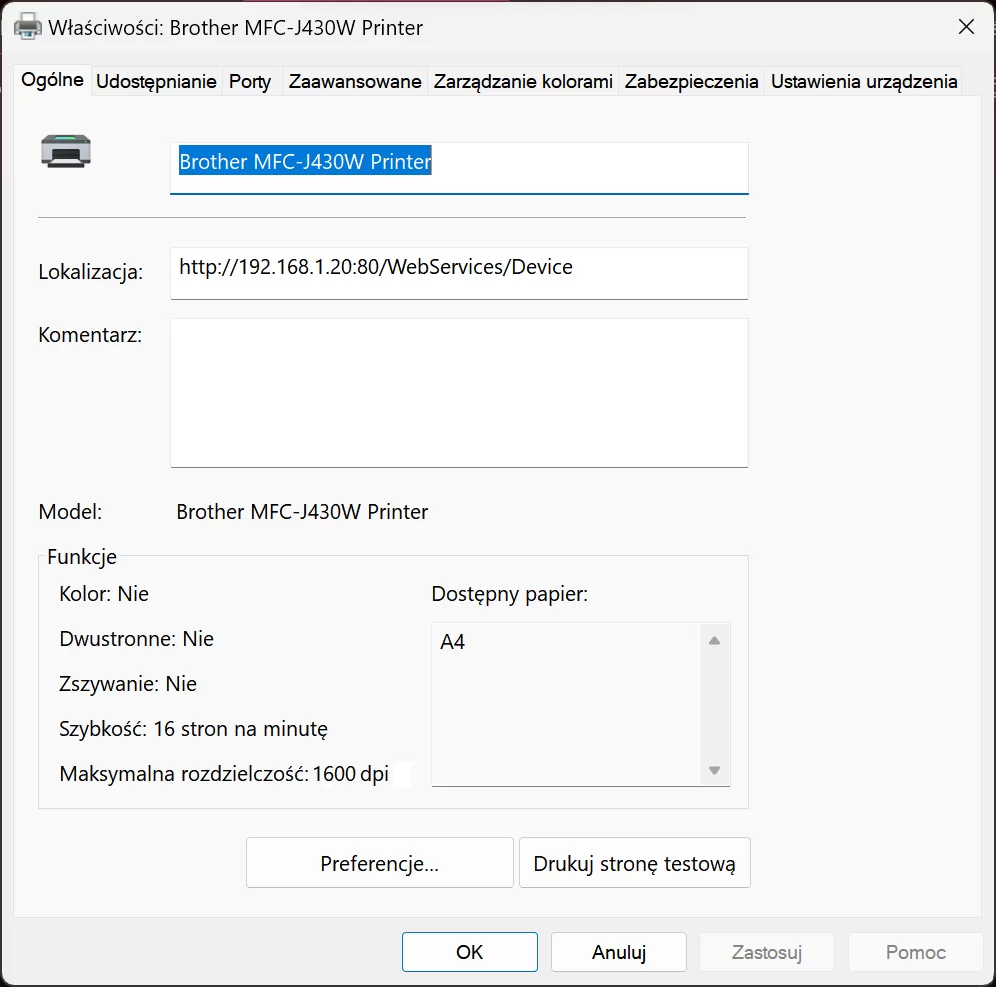 Zrzut ekranu okienka właściwości drukarki Brother MFC‑J430W w systemie Windows. Dostępne są  zakładki Ogólne, Udostępnianie, Porty, Zaawansowane, Zarządzanie kolorami, Zabezpieczenia, Ustawienia urządzenia. W zakładce ogólne znajdują się informacje o modeli drukarki, lokalizacji, komentarza (brak), a także funkcji: Kolor - Nie, Dwustronne - Nie, Zszywanie - Nie, Szybkość - 16 stron na minutę, Maksymalna rozdzielczość - 1600 dpi. Dostępny papier A4. Poniżej znajdują się przyciski okna Preferencje, Drukuj stronę testową, Ok, Anuluj oraz niedostępne Zastosuj i Pomoc.