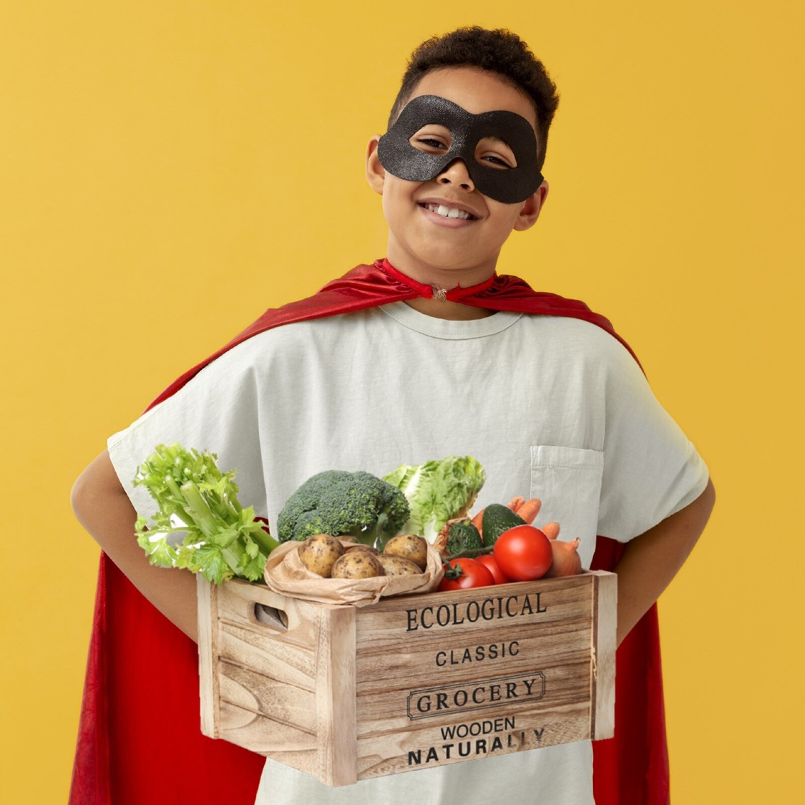 Zdjęcie przedstawia chłopca w czarnej masce okalającej oczy. Chłopiec uśmiecha się opierając dłonie na biodrach. Ma na sobie białą koszulkę oraz czerwoną pelerynę zapiętą pod szyją. Przed nim jest drewniana skrzynia wypełniona warzywami.