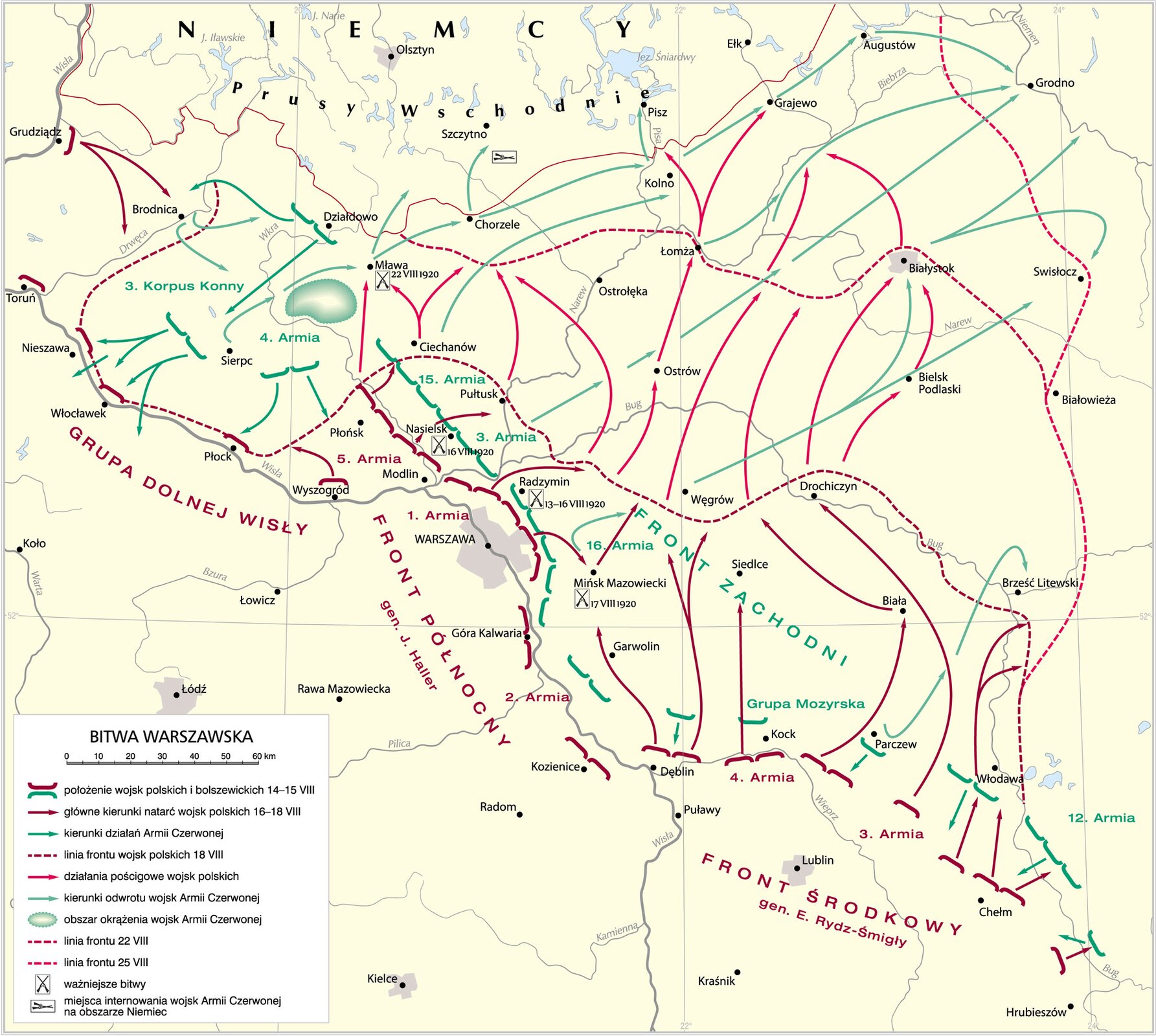 Ilustracja graficzna przedstawiająca mapę bitwy warszawskiej.