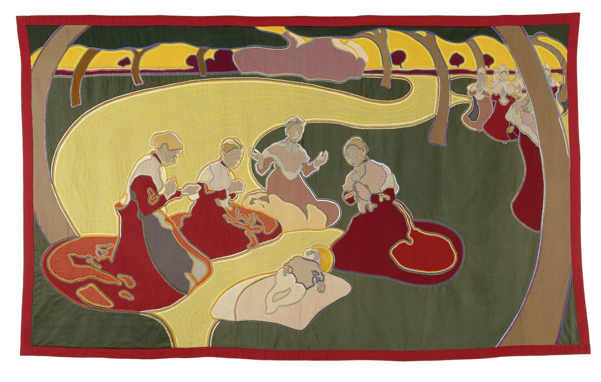 Ilustracja przedstawia obraz „Straż anielska” autorstwa Henry’ego van de Velde. Obraz ukazuje kobiety zajmujące się dziećmi. Kobiety znajdują się w lesie. W tle widać żółte niebo.