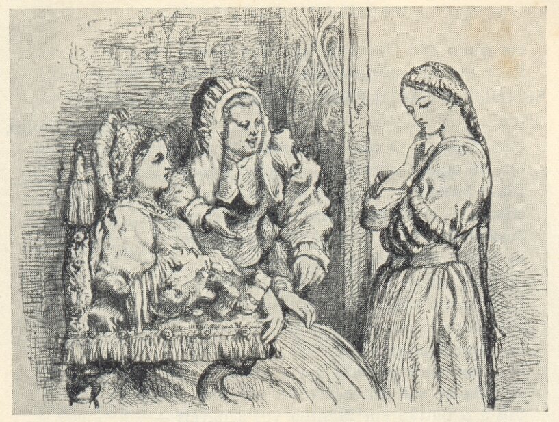 Kliknij, aby powiększyć. Ilustracja przedstawia trzy kobiety. Pierwsza kobieta z prawej strony stoi do widza bokiem, skierowana ciałem w lewą stronę ilustracji. Ma długi warkocz, sięgający do bioder. Ma suknię z długimi rękawami i szerokim pasem w talii. Kobieta dotyka prawą dłonią twarzy. Druga kobieta siedzi po lewej stronie obrazu i jest ukazana bokiem do odbiorcy, a twarzą do stojącej. Kobieta ta jest starsza, jej włosy są upięte. Ubrana jest w dużą suknię z długimi, pofalowanymi rękawami. Obok siedzącej kobiety znajduje się trzecia postać, stojąca przodem do widza. Twarz skierowaną ma ku młodej kobiecie po prawej stronie ilustracji. Jest od niej starsza. Ma na głowie czepek, a jej suknia ma wysoki, stojący kołnierz. Długie rękawy jej sukni są pofalowane. Kobieta ma otwarte usta, a ręce są lekko uniesione. Tło za dwoma starszymi kobietami jest zamazane, zbliżone wyglądem do drewnianej ściany. Tło za młodą kobietą jest białe. Ilustracja jest czarno‑biała.