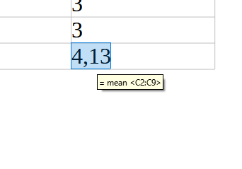 Ilustracja przedstawia fragment tabeli w arkuszu kalkulacyjnym. W kolumnie, w trzech wierszach widnieją wartości: 3, 3 i 4,13. Wartość 4,13 jest zaznaczona, na jej tle widoczne jest okno z formułą: = mean 