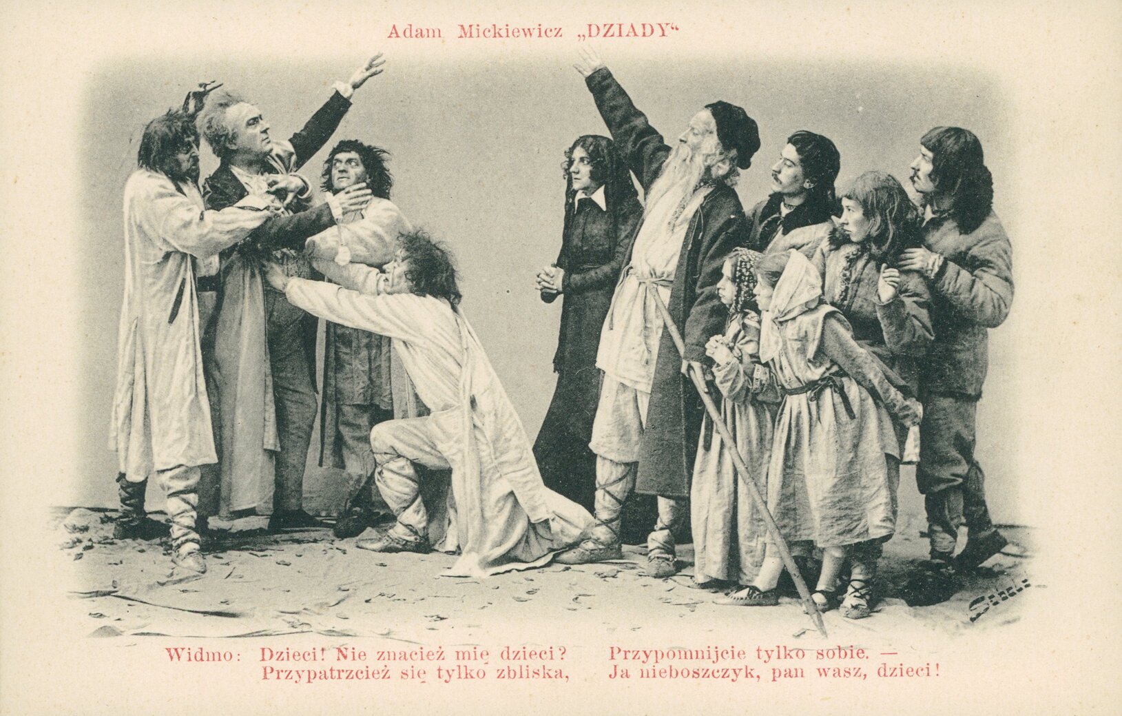 Ilustracja przedstawia mężczyznę otoczonego przez ludzi w białych szatach symbolizujących ptaki. Znajdują się oni po lewej stronie ilustracji. Wyciągają ku niemu ręce. Mają potargane włosy i wytrzeszczone szeroko oczy. Mężczyzna unosi ręce. Zwraca się on do innego mężczyzny i tłumu uczestników zgromadzenia, którzy stoją po prawej stronie ilustracji. Są wśród nich dwaj mężczyźni, młody chłopak, dwie małe dziewczynki w chustach na głowie i fartuchach oraz ubrana na ciemno kobieta z chustą na głowie. Obaj mężczyźni unoszą ręce. Nad postaciami widoczny jest napis: Adam Mickiewicz "Dziady"; pod spodem napis: Widmo: dzieci! Nie znacież mię dzieci? Przypatrzcież się tylko z bliska, Przypomnijcie tylko sobie - Ja nieboszczyk, pan wasz, dzieci! 