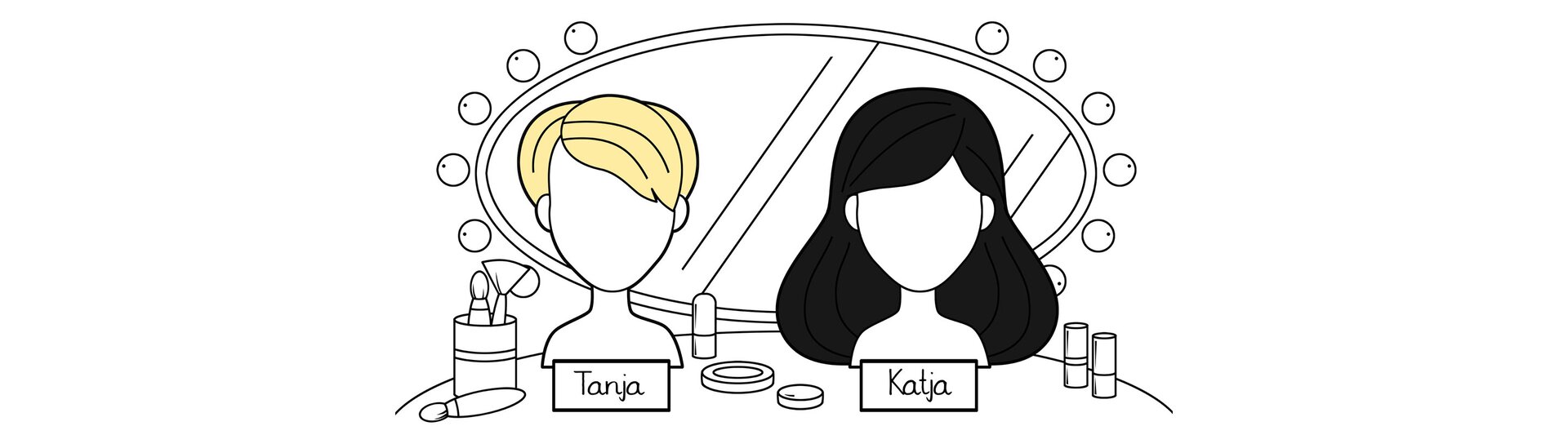 Ilustracja przedstawia dwie peruki. Pierwsza jest Tanji i są to krótkie blond włosy. Druga jest Katji i są to długie czarne włosy.