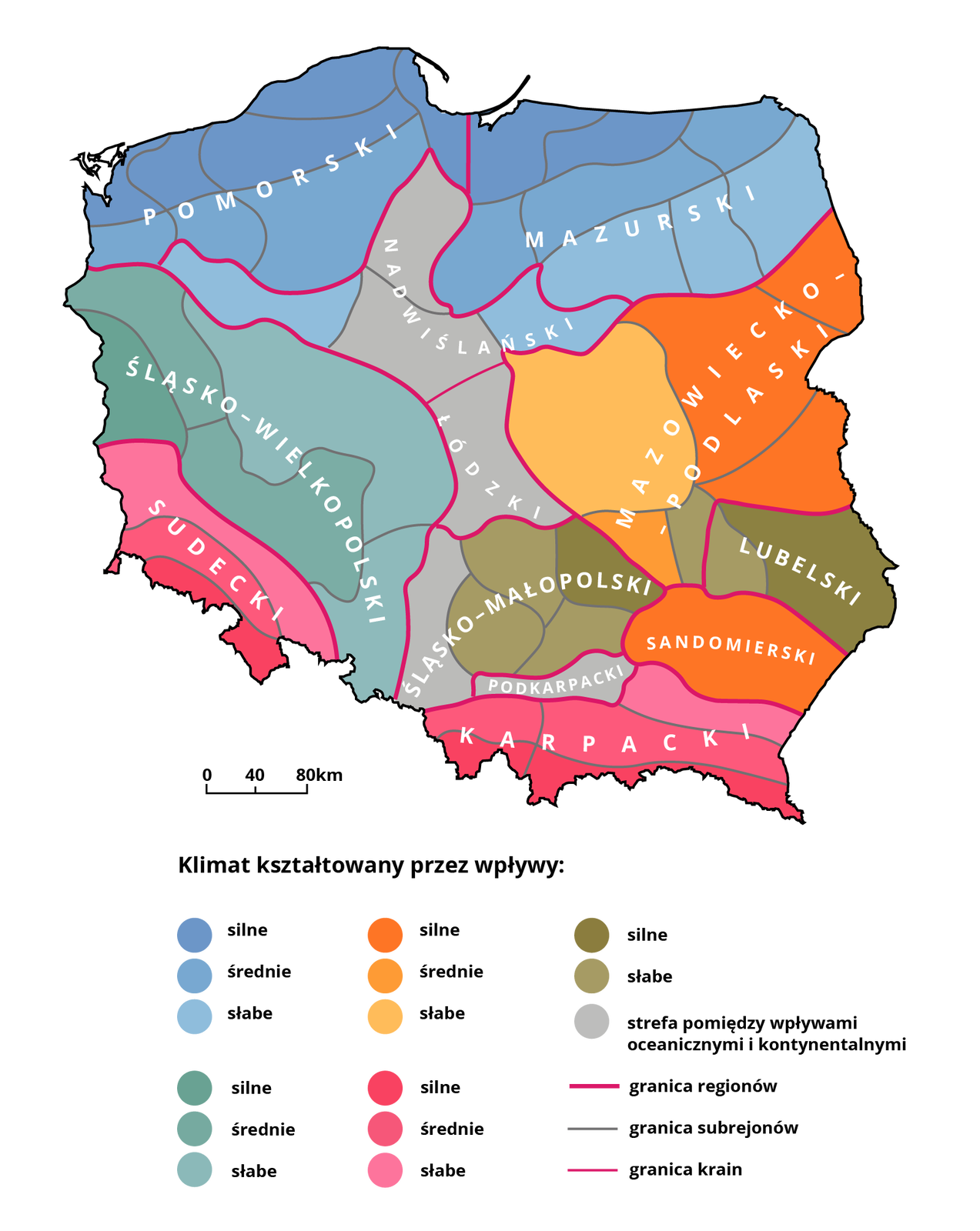 Mapa Polski przedstawia regiony klimatyczne. Występuje region pomorski, mazurski, mazowiecko podlaski, nadwiślański, łódzki, śląsko wielkopolski, sudecki, śląsko małopolski, podkarpacki, karpacki, sandomierski i lubelski. W regionie pomorskim silne wpływy występują na północy a średnie na południu. W regionie mazurskim silne wpływy występują na północy, średnie na środku a słabe na południu. Region nadwiślański charakteryzuje się głównie strefą pomiędzy wpływami oceanicznymi i kontynentalnymi oraz słabymi wpływami. Region śląsko wielkopolski posiada na południowym zachodzie silne wpływy, na środku średnie a na północnym wschodzie i południowym wschodzie słabe. Region sudecki posiada na południu silne wpływy, na środku średnie a na północy słabe. Region łódzki i podkarpacki są w całości objęte strefą pomiędzy wpływami oceanicznymi i kontynentalnymi.  Region śląsko małopolski na zachodzie posiada strefę pomiędzy wpływami oceanicznymi i kontynentalnymi, na środku słabe wpływy a na wschodzie silne. Region karpacki na południu posiada silne wpływy, na środku średnie a na północy słabe. Region sandomierski w całości objęty jest silnymi wpływami. Region lubelski na wschodzie posiada silne wpływy a na zachodzie słabe. Region mazowiecko podlaski posiada na wschodzie silne wpływy, na zachodzie średnie, na południu słabe.