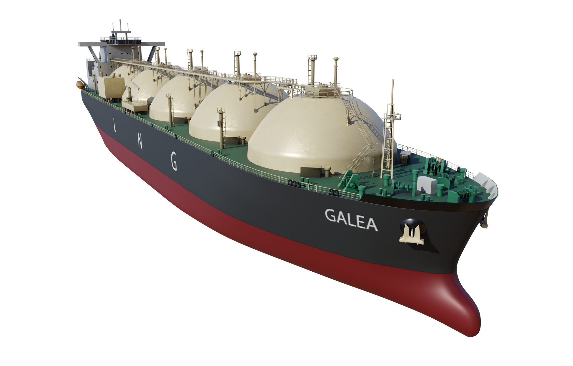 Na zdjęciu widać zbiornikowiec LNG. Zbiornikowiec jest długim statkiem na rufie którego znajduje się mostek. Widoczny mostek jest w kształcie odwróconego trapezu równoramiennego. Powyżej pokładu widoczna jest część sferycznych zbiorników o kształcie półkuli. Na rysunku znajduje się pięć zbiorników. Na górze zbiorników biegnie pomost łączy elementy oraz rury.