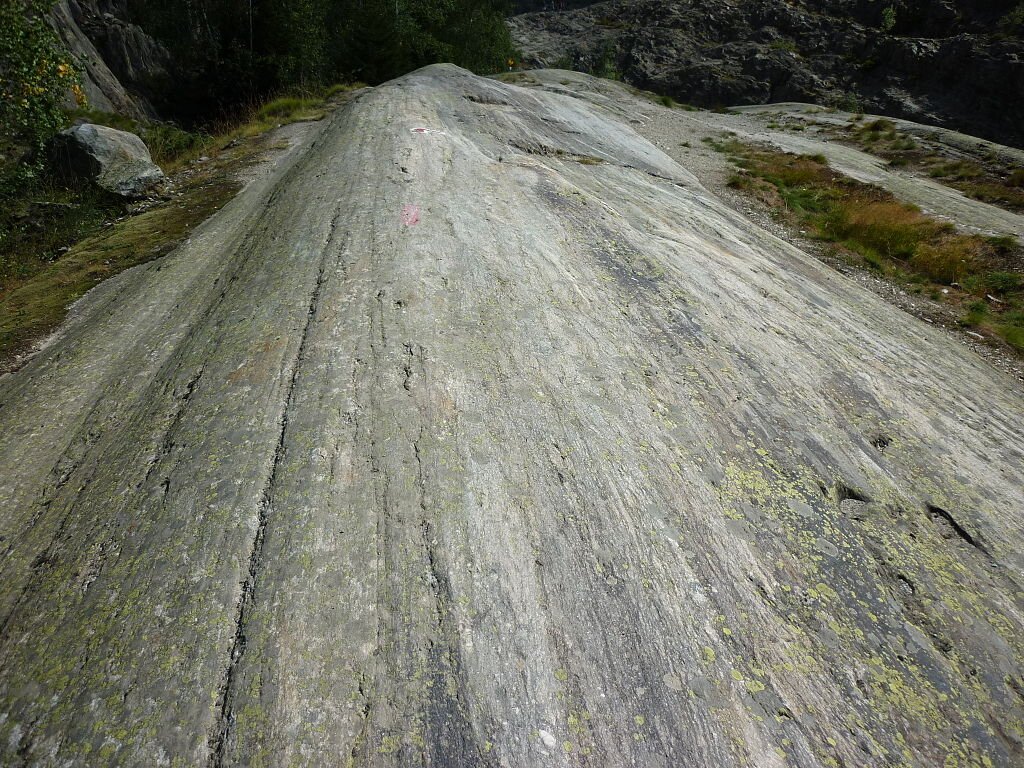 Zdjęcie przedstawia skalną powierzchnię z podłużnymi rysami.  