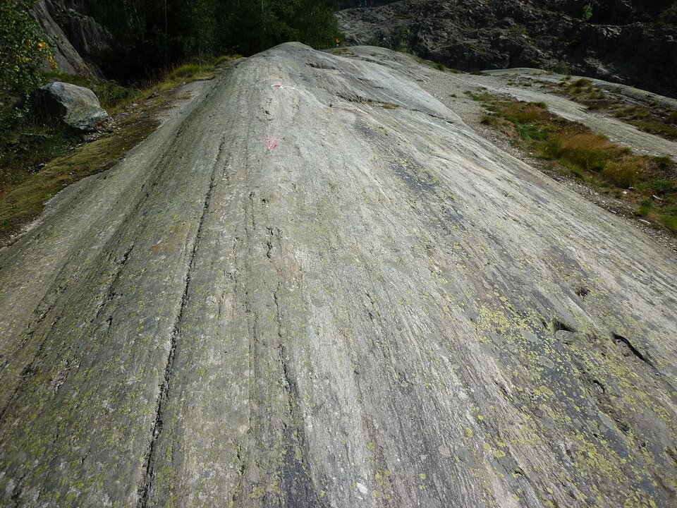 Zdjęcie przedstawia skalną powierzchnię z podłużnymi rysami.  