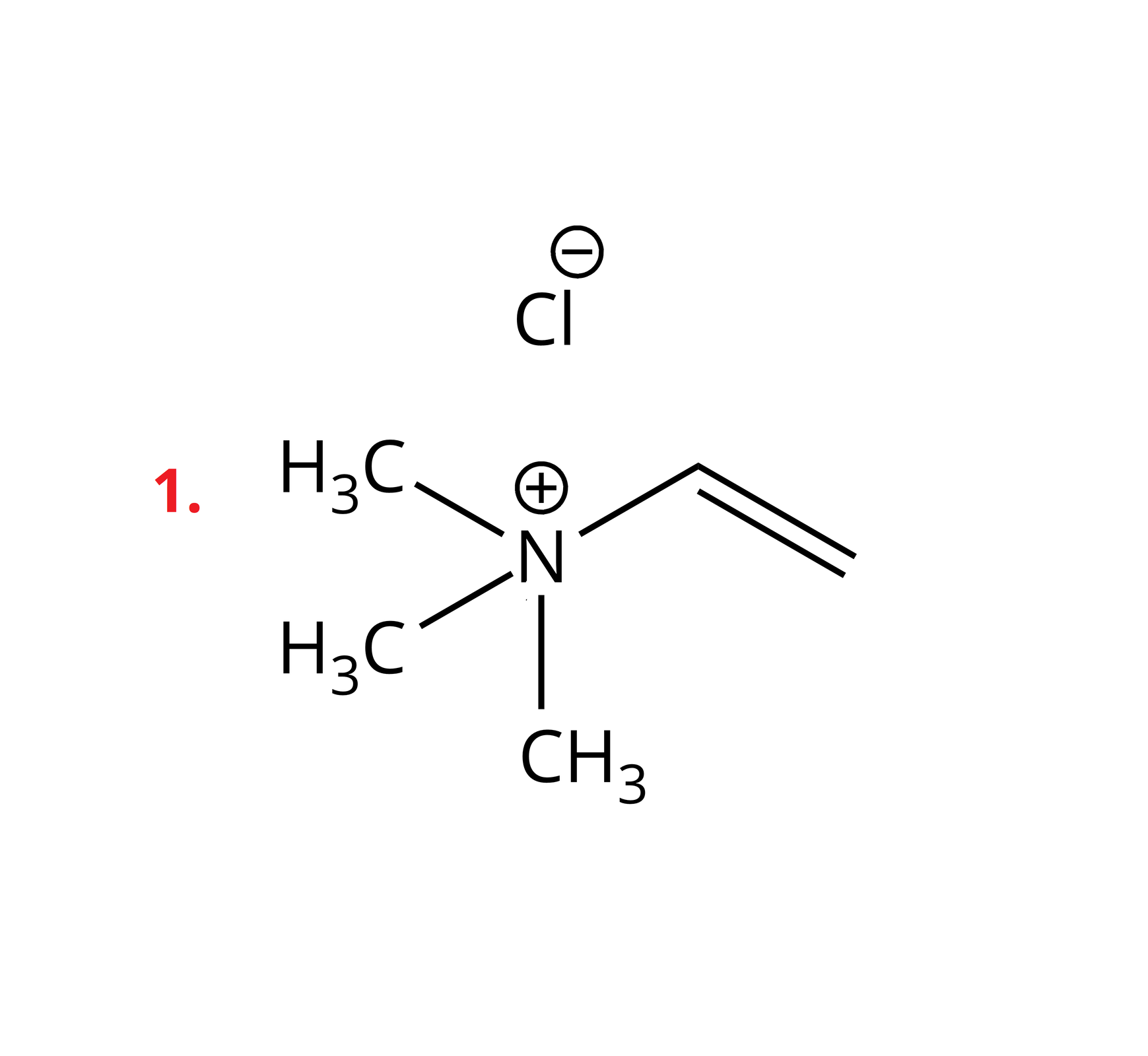 Ilustracja przedstawia wzór strukturalny czwartorzędowej soli amonowej, w której do atomu azotu przyłączone są trzy grupy metylowe i jedna grupa winylowa, a anionem w tym związku jest anion chlorkowy. Innymi słowy atom azotu obdarzony ładunkiem dodatnim łączy się za pomocą trzech wiązań pojedynczych z trzema grupami metylowymi CH3. A także za pomocą wiązania pojedynczego z grupą winylową zbudowaną z grupy CH połączonej za pomocą wiązania podwójnego z grupą metylenową CH2.  Ładunek dodatni na azocie kompensowany jest ładunkiem ujemnym anionu chlorkowego Cl-.