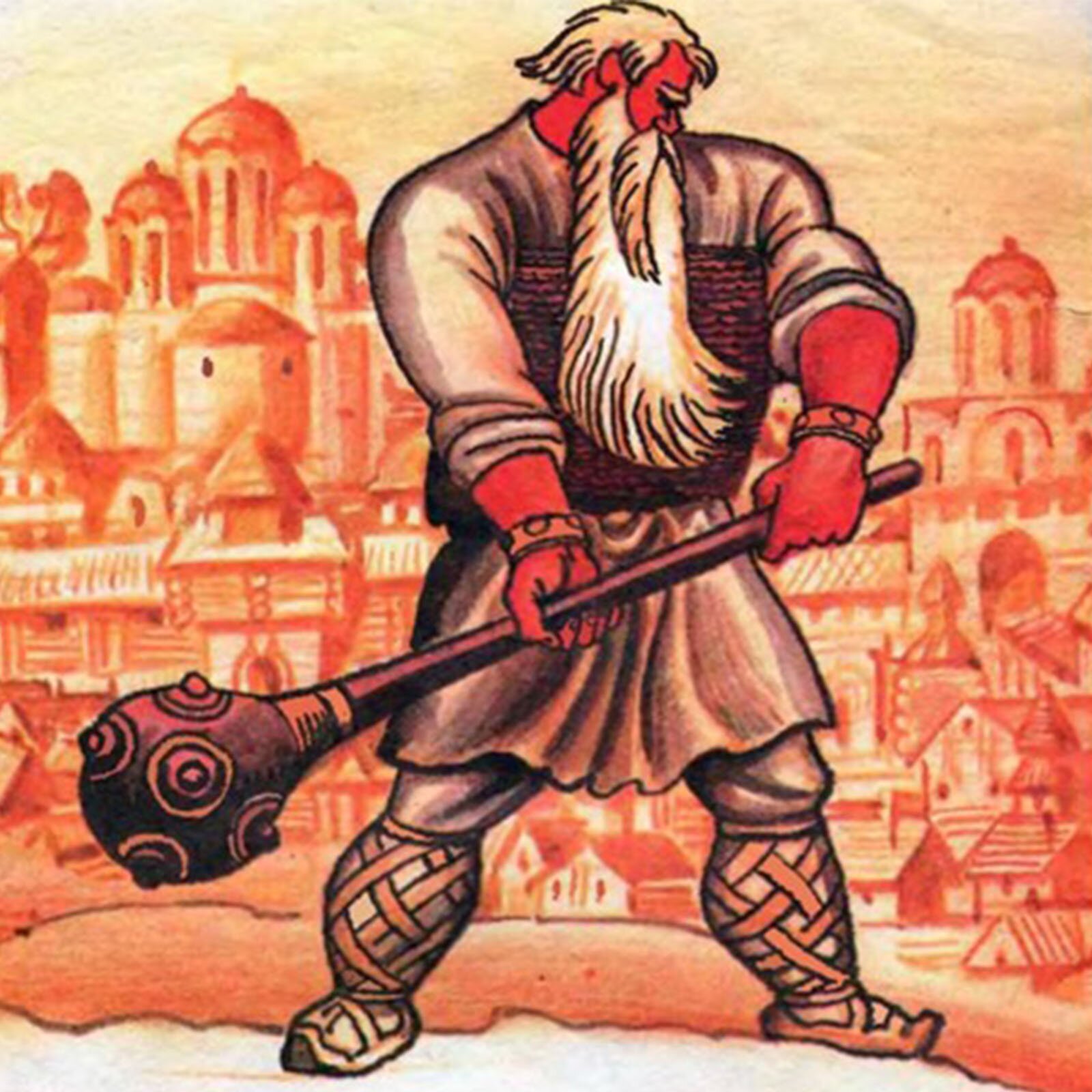 Na ilustracji znajduje się wysoki, bardzo silny mężczyzna z długą, siwą brodą i wielką maczugą w dłoniach. Za nim widzimy budynki średniowiecznego miasta.