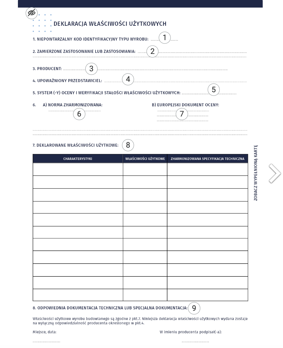 Ilustracja przedstawia deklarację właściwości użytkowych. Na grafice zamieszczone są interaktywne punkty, po kliknięciu których wyświetla się dodatkowa treść.