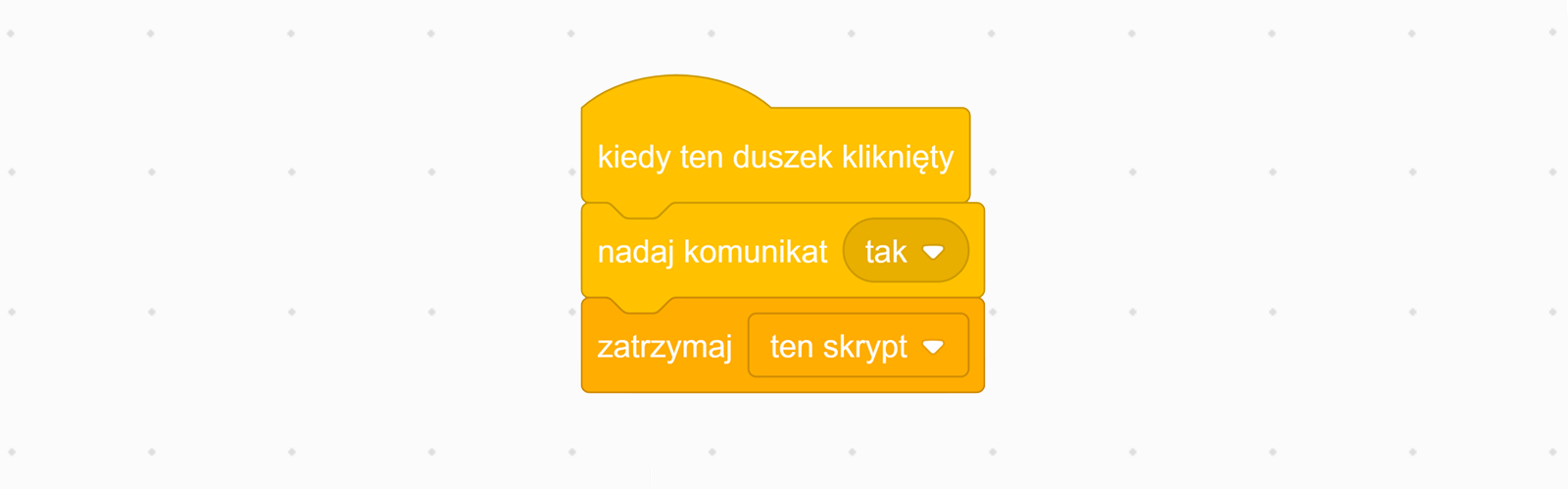 Na zdjęciu przedstawiono skrypt przycisku odpowiedzialnego za informowanie o poprawnym odgadnięciu liczby.W pierwszym bloku skryptu znajduje się napis: kiedy ten duszek kliknięty.W drugim bloku skryptu znajduje się napis: nadaj komunikat tak. Słowo tak znajduje się w rozwijalnym polu wyboru.W trzecim bloku skryptu znajduje się napis: zatrzymaj ten skrypt. Słowo ten skrypt znajduje się w rozwijalnym polu wyboru oznaczonym trójkątem.