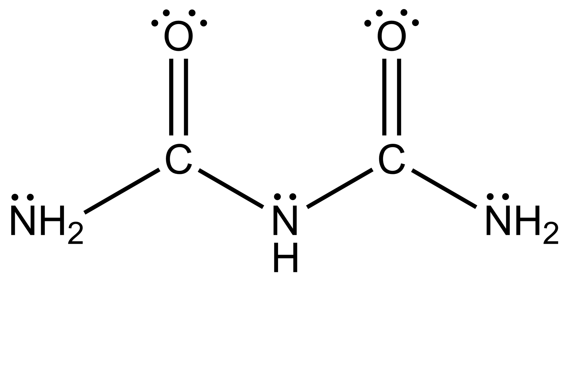 Ilustracja przedstawiająca cząsteczkę biuretu zbudowaną z grupy NH2 połączonej z atomem węgla, który to łączy się za pomocą wiązania podwójnego z atomem tlenu oraz za pomocą wiązania pojedynczego z grupą NH, która to związana jest z drugim atomem węgla również połączonym za pomocą wiązania podwójnego z atomem tlenu oraz za pomocą wiązania pojedynczego z grupą NH2. Wszystkie trzy atomy azotu w cząsteczce mają po jednej wolnej parze elektronowej zaznaczonej w postaci dwóch kropek każda, zaś atomy tlenu mają po dwie wolne pary elektronowe, to jest każdy atom tlenu ma dwie pary kropek. Zatem w sumie mamy siedem wolnych par elektronowych.