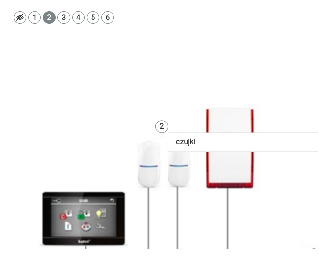 Ilustracja przedstawia przybliżony fragment schematu. Widok przedstawia trzy przyrządy. Powyżej jednego z nich znajduje się punktor z cyfra dwa i rozwiniętą planszą z nazwą urządzenia. Na górze widoczne są ułożone w rzędzie ikonki ponumerowanych znaczników oraz ikona przekreślonego oka.