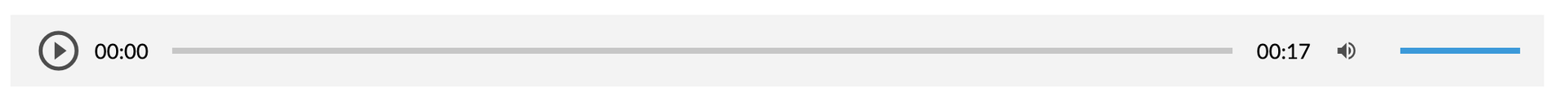 Grafika przedstawia panel odtwarzacza. Od lewej widoczna jest ikona włączenia odtwarzacza – ikona składa się z trójkąta wpisanego w okrąg. Wierzchołek trójkąta skierowany jest w prawo. Oba kształty są ciemnoszare. Tło jest siwe. Następnie widoczny jest pasek z czasem nagrania – od lewej początek nagrania 00:00, następnie siwy krótki pasek, a po prawej czas całego nagrania – siedemnaście sekund.Następnie widnieją ikony  zmiany głośności dźwięku w nagraniu. Składa się on z ikony megafonu skierowanego w prawo, od którego odchodzą dwie półokrągłe linie symbolizujące fale dźwiękowe. Po prawej stronie megafonu znajduje się niebieski pasek, który umożliwia zmianę poziomu głośności.