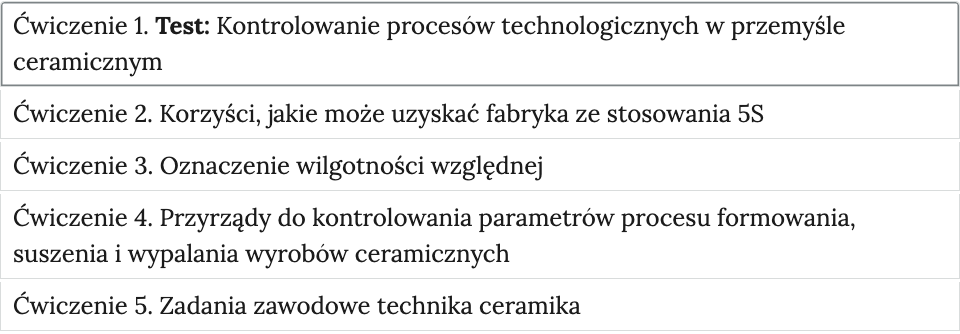 Grafika przedstawia widok ćwiczeń do wyboru, element interaktywnych materiałów sprawdzających. W poszczególnych zakładkach wypisane są tytuły zadań i zagadnień, których dotyczą. Ćwiczenie 1. Test: Kontrolowanie procesów technologicznych w przemyśle ceramicznym. Ćwiczenie 2. Korzyści, jakie może uzyskać fabryka ze stosowania 5S. Ćwiczenie 3. Oznaczenie wilgotności względnej. Ćwiczenie 4. Przyrządy do kontrolowania parametrów procesu formowania, suszenia i wypalania wyrobów ceramicznych. Ćwiczenie 5. Zadania zawodowe technika ceramika.  