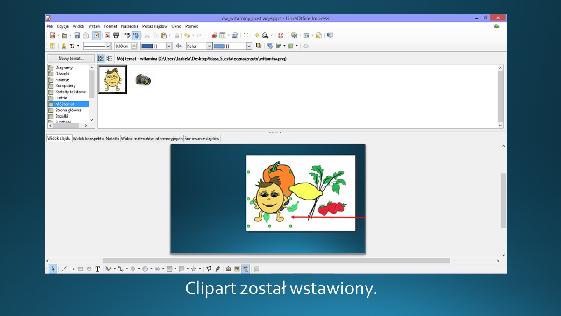 Slajd 4 galerii zrzutów slajdów: Wstawianie clipartu na slajd o pustym układzie w programie LibreOffice Impress