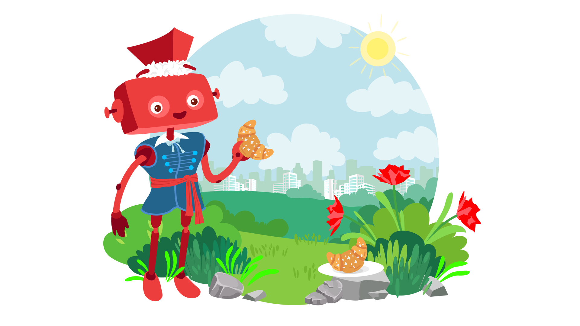 Ilustracja przedstawia rozległy teren porośnięty zielenią. W tle widać błękitne niebo, słońce, jasne chmury i panoramę miasta. Na pierwszym planie rosną pojedyncze krzewy, a po prawej stronie trzy czerwone kwiaty wśród traw. Obok leży na szarym kamieniu biały talerzyk z rogalikiem. Po lewej stronie stoi uśmiechnięty Zgrzytek. Jest to czerwony robot o prostokątnej głowie z krótkimi antenkami zamiast uszu, dwiema rękami i dwiema nogami. Zgrzytek jest ubrany w granatową kamizelkę zapinaną na guziki, z białym kołnierzykiem, błękitną kokardką przy szyi i czerwoną wstążką przewiązaną w pasie. Na głowie ma czerwony kapelusz z białym futerkiem. Unosi lewą dłoń, w której trzyma rogalika.
