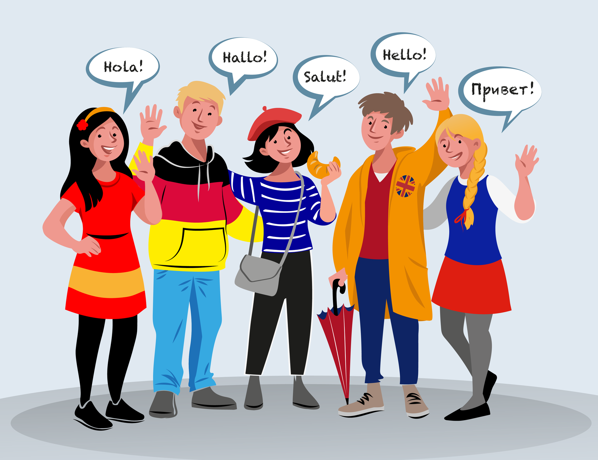 Ilustracja przedstawia pięć osób w strojach nawiązujących kolorystycznie do flag narodowych.
Hiszpanka mówi Hola!, Niemiec - Hallo!, Francuzka - Salut!, Anglik - Hello!, a Rosjanka - Привет!