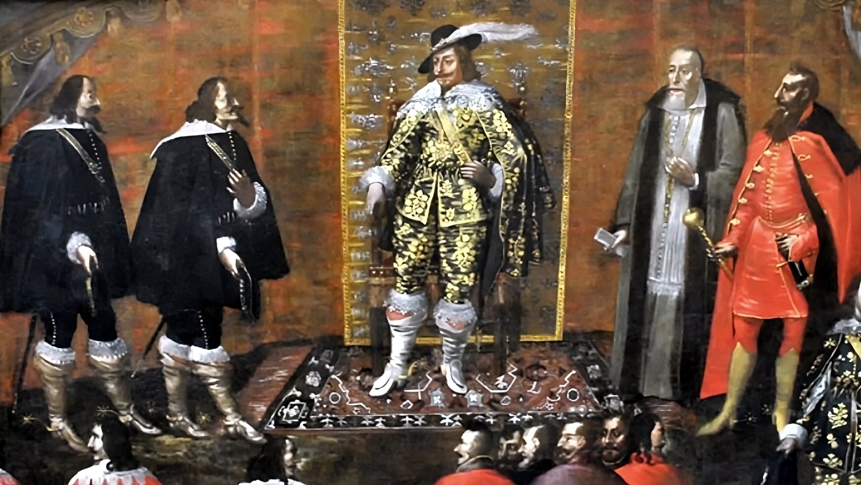 W centrum obrazu na dywanie stoi monarcha w stroju niemieckim. Ma na głowie kapelusz z długim piórem. Ubrany jest w adamaszkowy kaftan ozdobiony płóciennym kołnierzem z koronką oraz podobne mankiety. Do tego nosi obcisłe, adamaszkowe spodnie do kolan obszyte koronką oraz wysokie, skórzane buty. Całość ubioru dopełnia płaszcz narzucony na oba ramiona. Po lewej stronie króla stoją biskup Jakub Zadzik trzymający w prawej dłoni pergamin oraz hetman Stanisław Koniecpolski z buławą w prawej dłoni i szablą u pasa po lewej stronie. Dwóch szwedzkich posłów stoi po prawej stronie króla. Są ubrani na czarno z białymi dodatkami: noszą biały duży kołnierz na czarnej pelerynie, białe duże mankiety oraz białe szerokie podwiązki nad wysokimi butami w złotym kolorze. Na dole obrazu widać kilka głów mężczyzn znajdujących się niżej niż poziom, na którym leży dywan. 