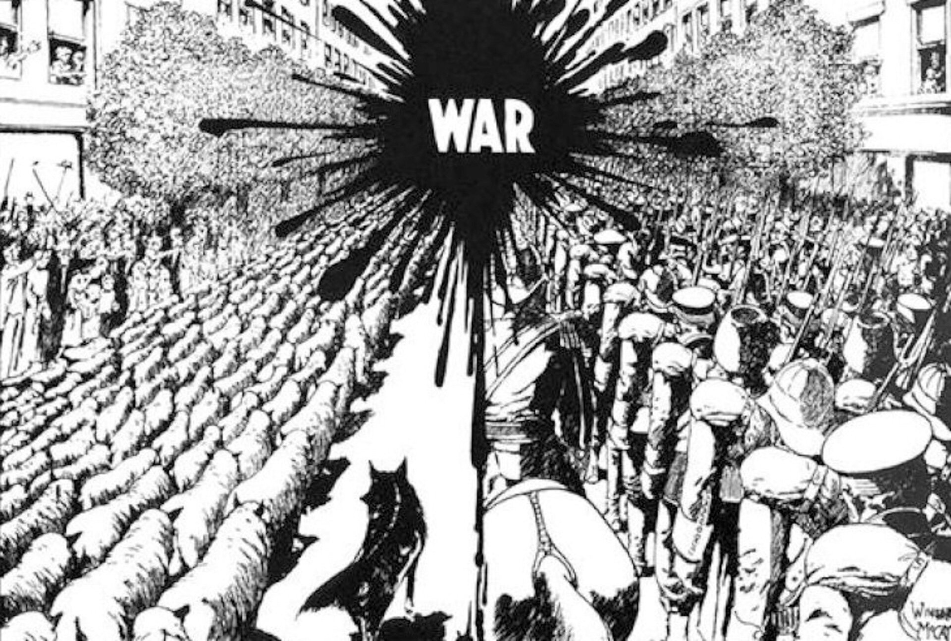 Ilustracja czarno-biała, podzielona na pół. Po lewej stronie widoczne są stada owiec idące na rzeź. Po środku grafiki wielki napis: war. Po prawej stronie widoczni są żołnierze idący na wojnę. Przekaz plakatu: wszyscy idą na rzeź.  