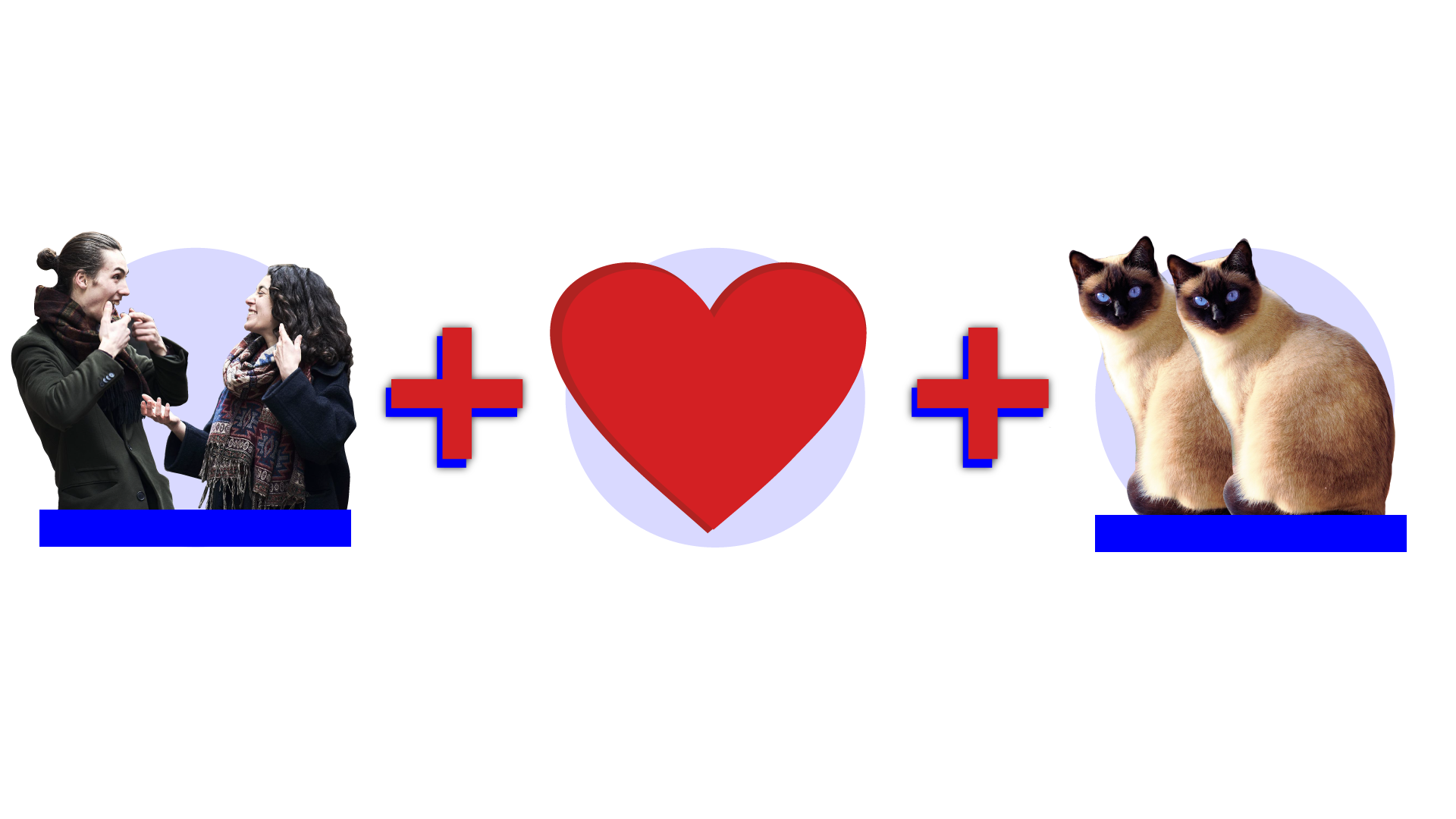 Ilustracja przedstawia rebus złożony z trzech ilustracji, pomiędzy którymi znajduje się znak "+". Pierwsza ilustracja przedstawia dwie osoby, mężczyznę i kobietę, odwróconych w swoją stronę. Druga ilustracja przedstawia symbol jednego czerwonego serca, a na ostatniej ilustracji widać dwa koty.