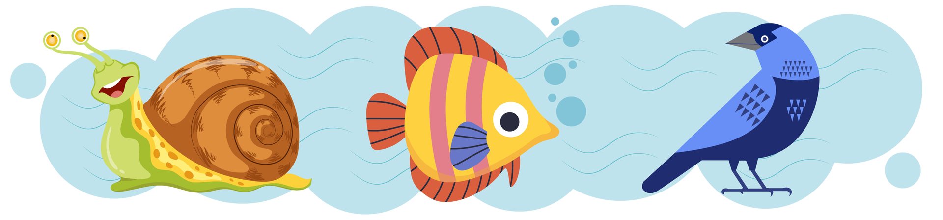 Ilustracja przedstawia zwierzęta na błękitnym tle. Po lewej stronie jest duży ślimak. Ma brązową skorupę i jasnozielone ciało. Uśmiecha się szeroko. Na środku znajduje się ryba. Ma jasnopomarańczowe ciało w różowe paski oraz pomarańczowe i niebieskie płetwy. Nad nią unosi się kilka bąbelków. Po prawej stronie siedzi ptak. Ma szary dziób, granatowe nogi i niebiesko‑granatowe upierzenie.