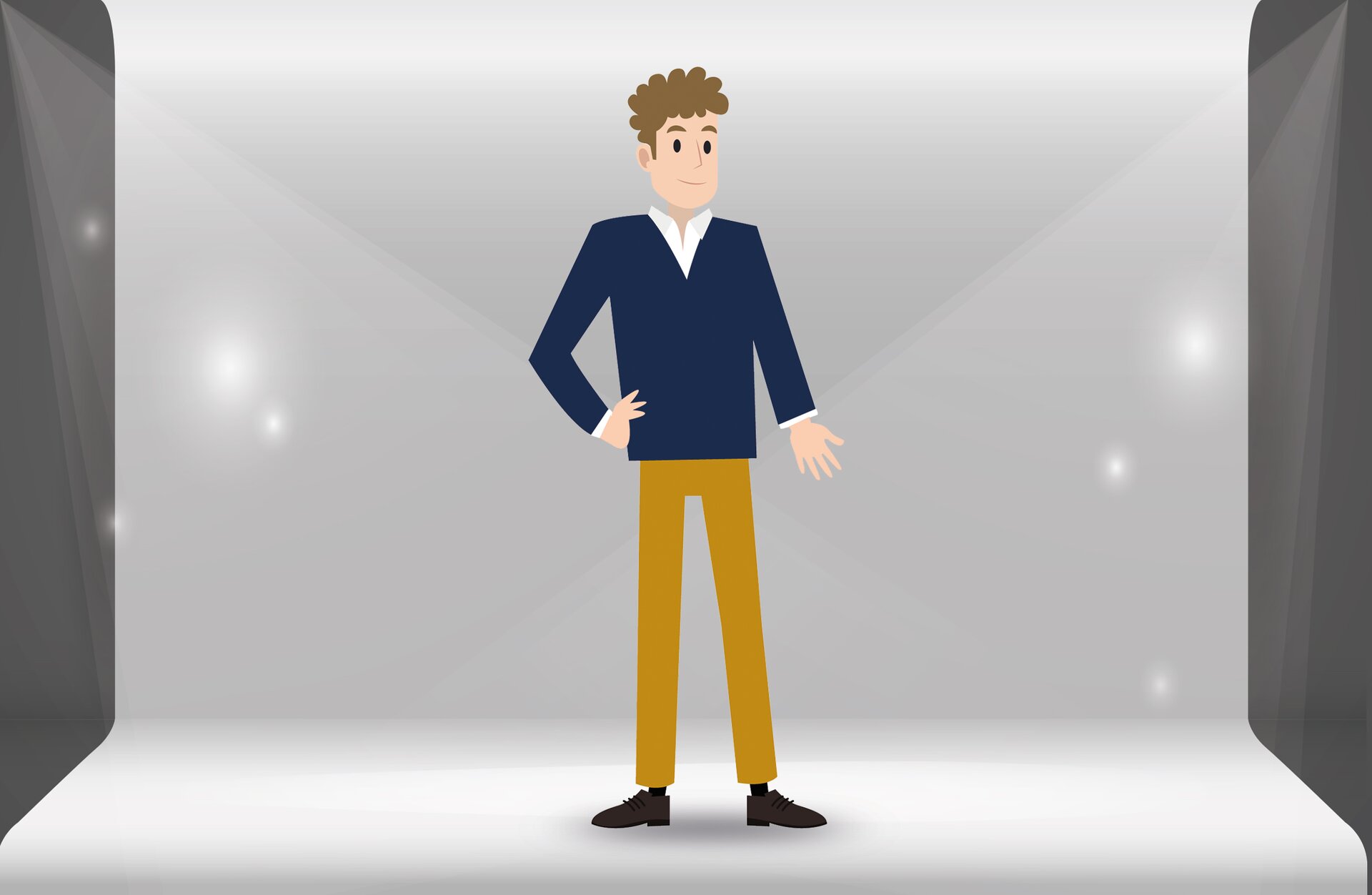 Grafika przedstawia stojącego mężczyznę, którego głowa skierowana jest w prawo, prawa ręka lekko ugięta dotyka biodra, a lewa jest wyprostowana i wysunięta do przodu. Ubrany jest w wąskie, żółte spodnie, granatową marynarkę, białą koszulę i czarne buty. Ma krótkie, brązowe, kręcone włosy.