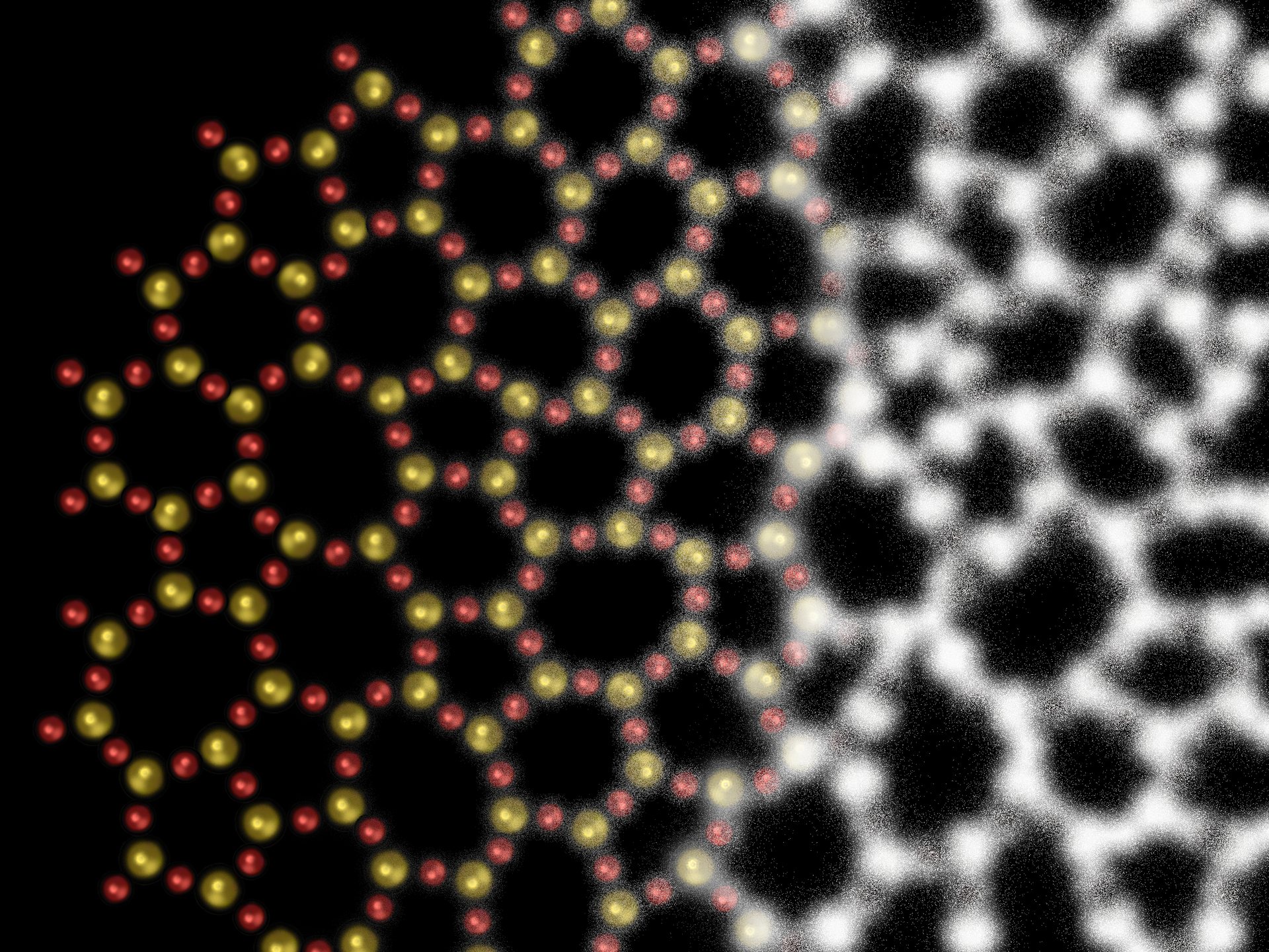 Na zdjęciu połączone ze sobą sześciany zbudowane z mniejszych i większych kulek. Wyraźne sześciany przechodzą w wyblakłe, aż w końcu przypominają sześciany zbudowane z drobin proszku.