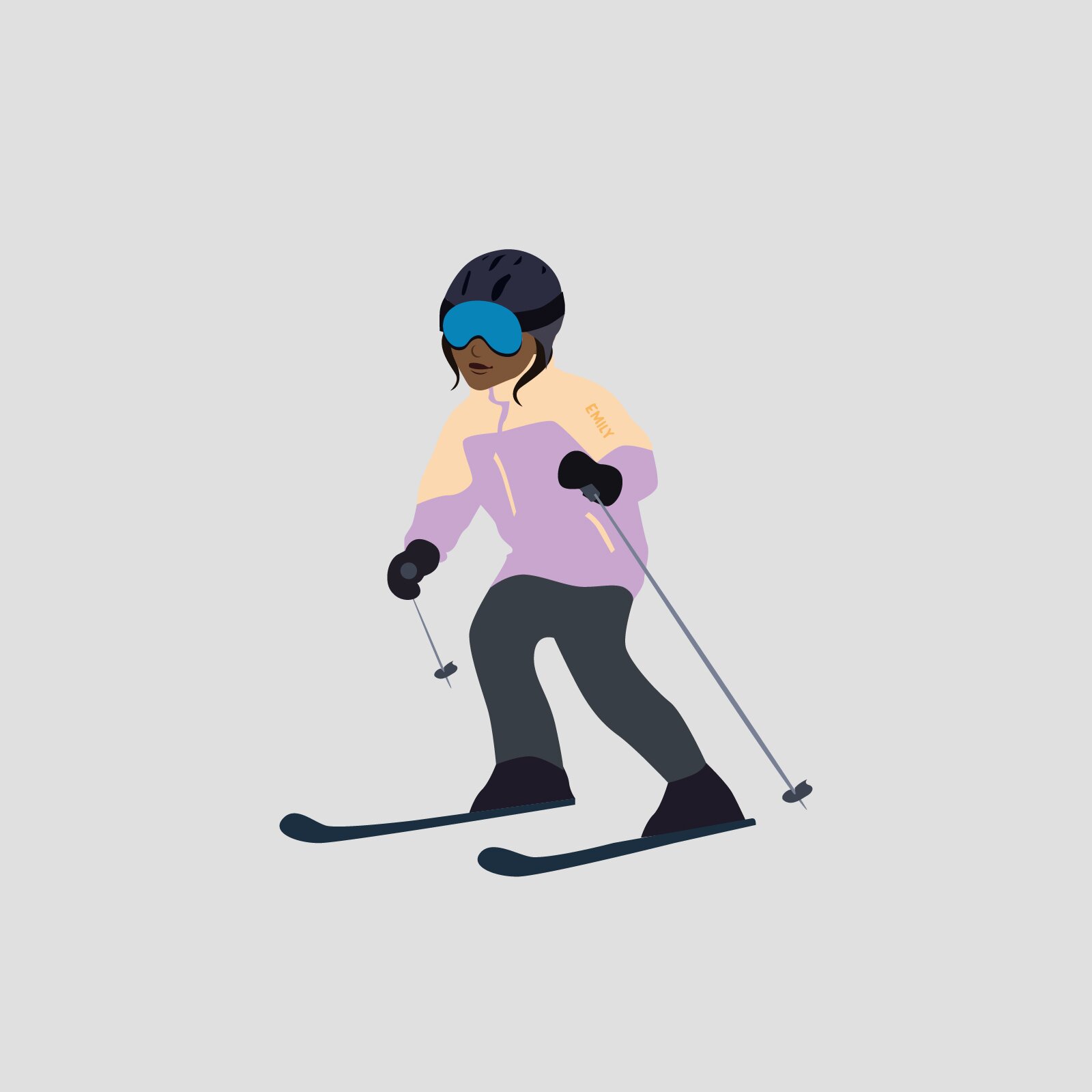 Ilustracja przedstawia Emily jadącą na nartach. Ma ona na sobie okulary narciarskie, kurtkę, spodnie oraz narty na nogach. W dłoniach trzyma kijki.