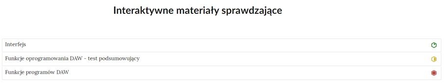 Grafika przedstawia widok interaktywnego materiału sprawdzającego, czyli zbioru poszczególnych zadań w formie listy z nazwami zadań, gdzie po kliknięciu w nazwę zadania pojawi się jego zawartość. Na liście, na prawo od nazwy każdego zadania widnieje ikonka informująca o poziomie trudności danego zadania.
