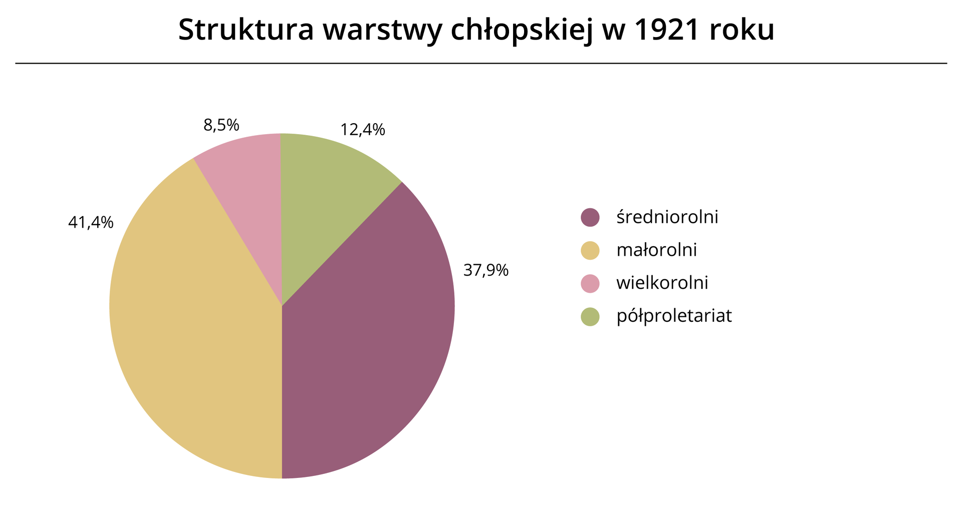 Wykres struktury warstwy chłopskiej w 1921 roku. Zawiera informacje o ilościach procentowych różnych warstw chłopskich.